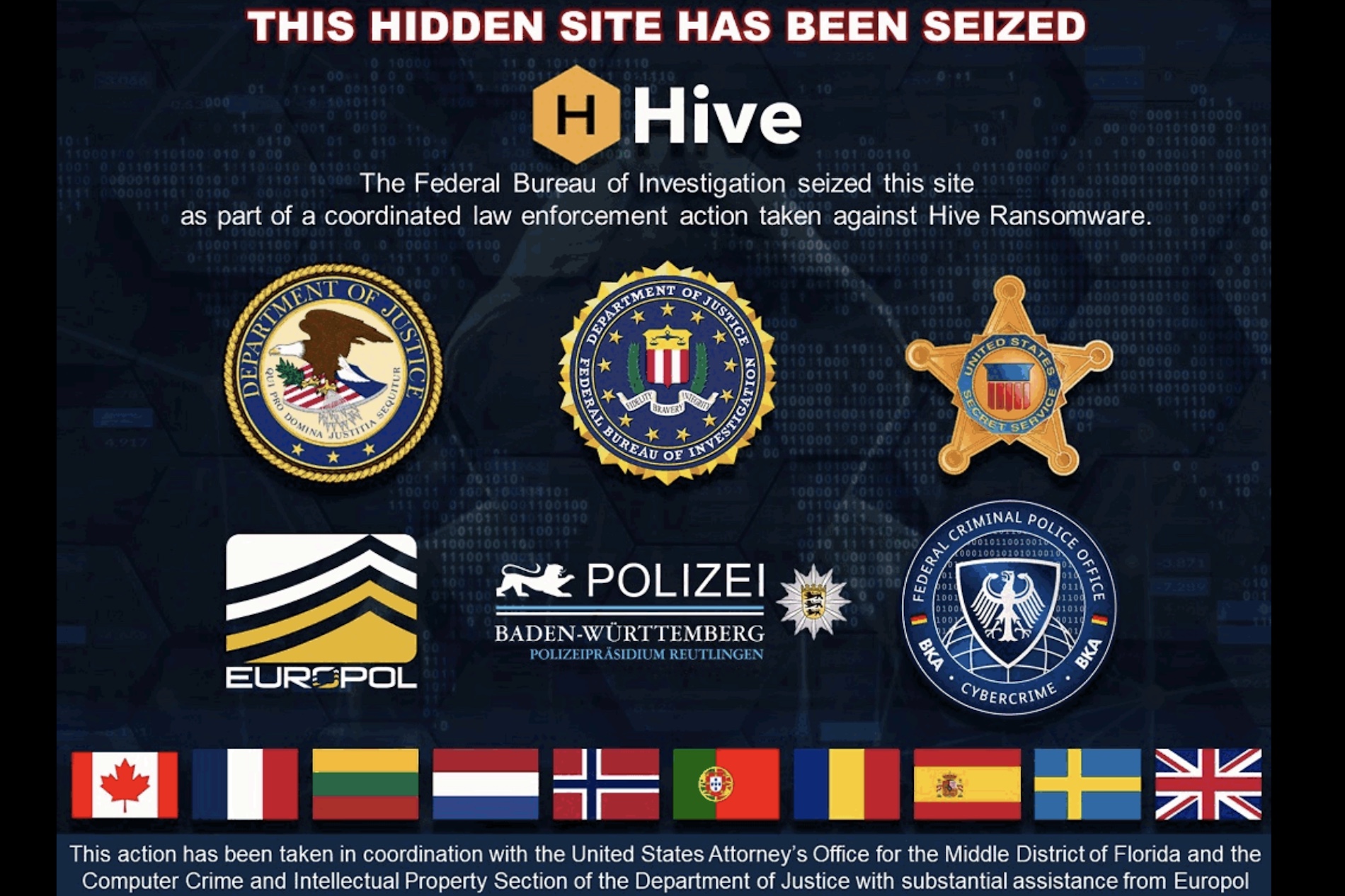 a law enforcement seizure notice on Hive's dark web ransomware portal