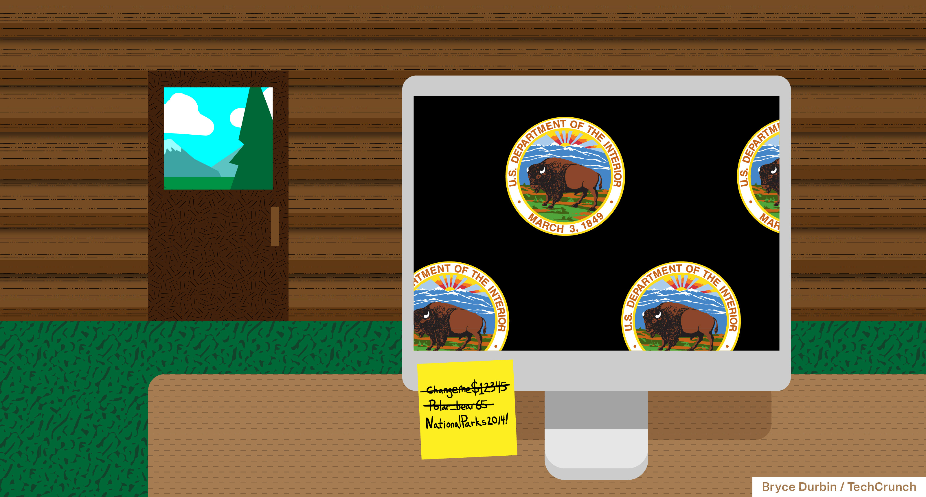 an illustration of a log cabin with a computer on a desk, with a post-it note on the display with several passwords crossed out
