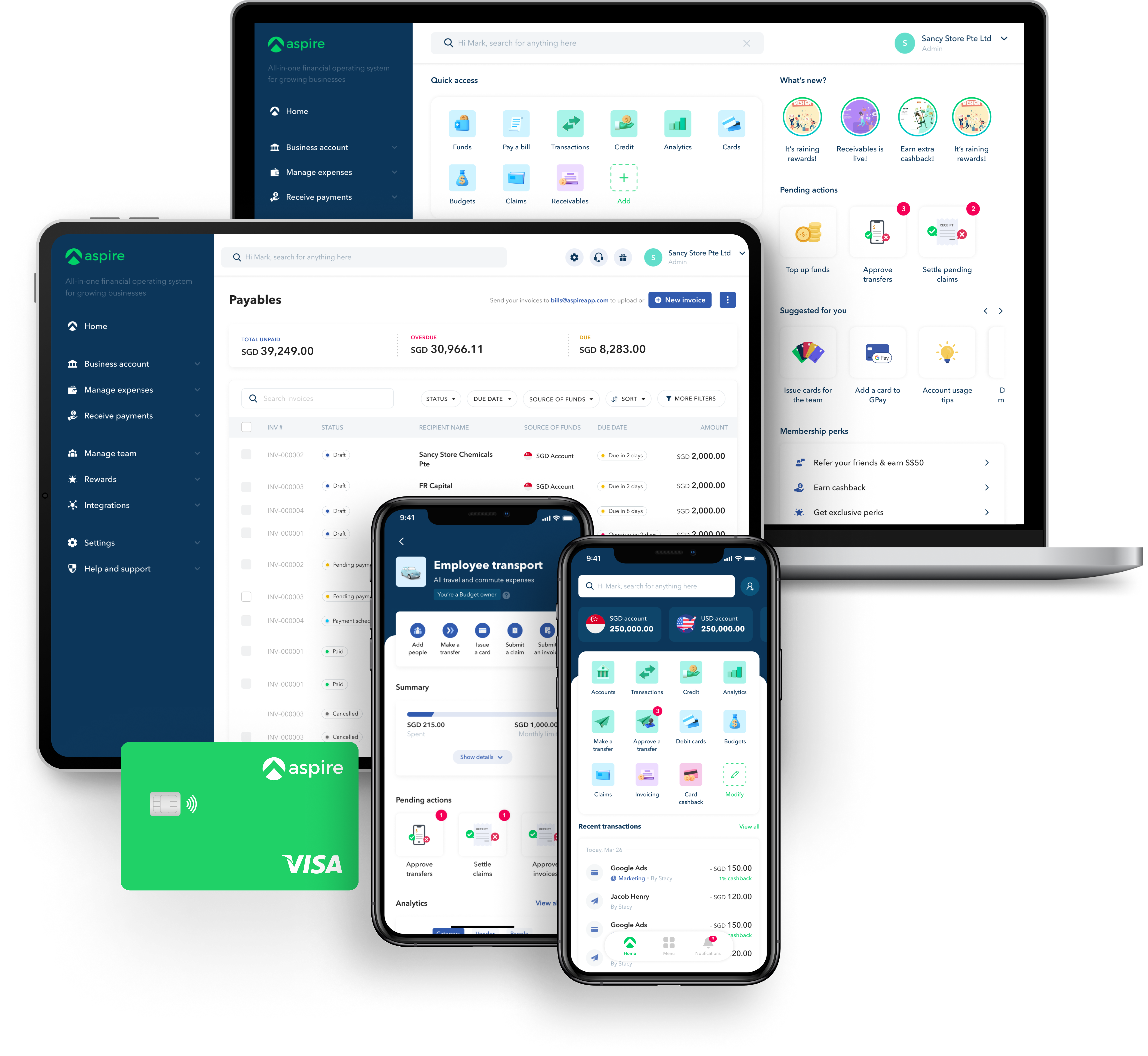 Aspire's products displayed on laptop, tablet and two phones, along with a green credit card