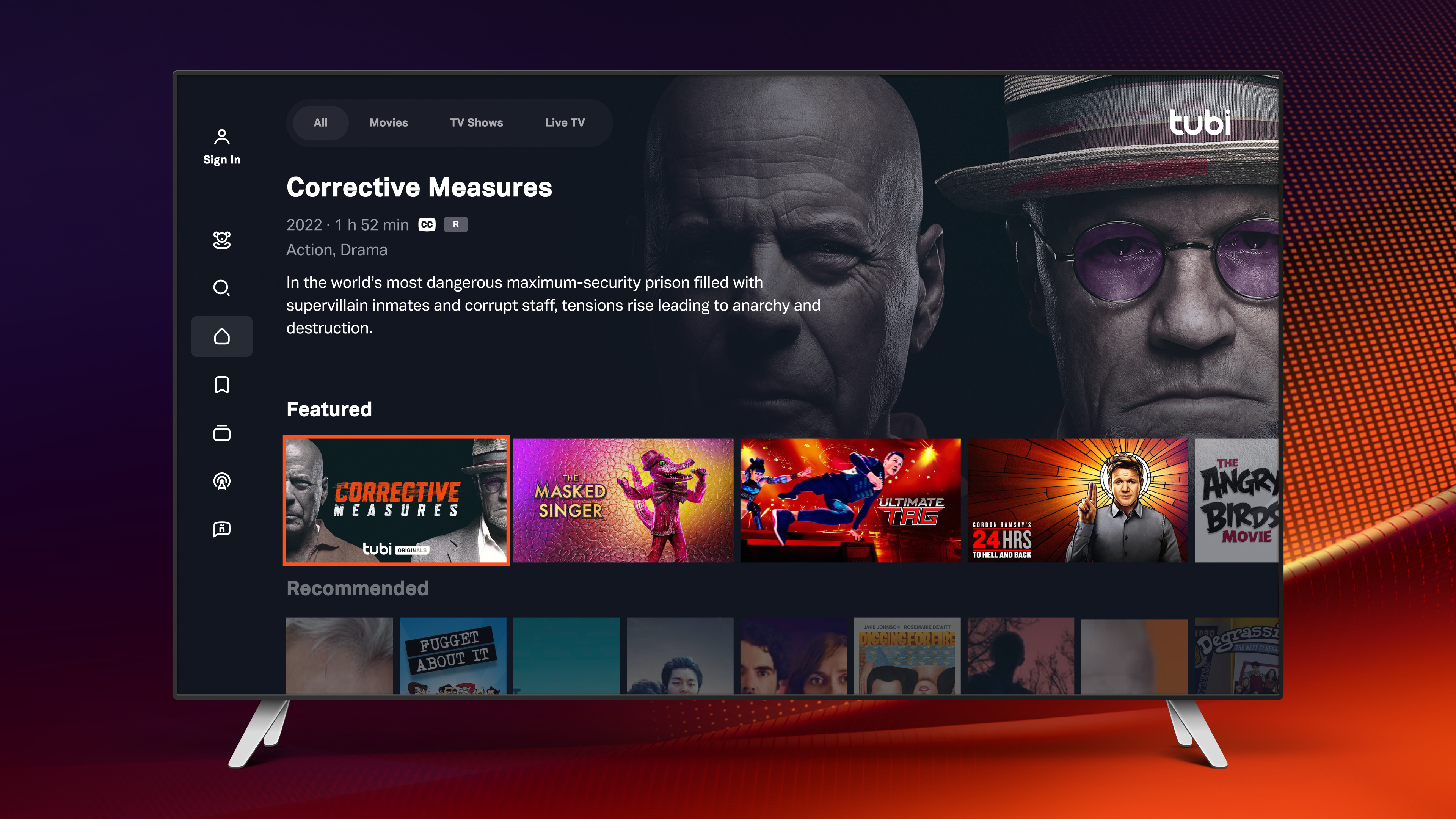 Tubi TV screen with display of availabe shows