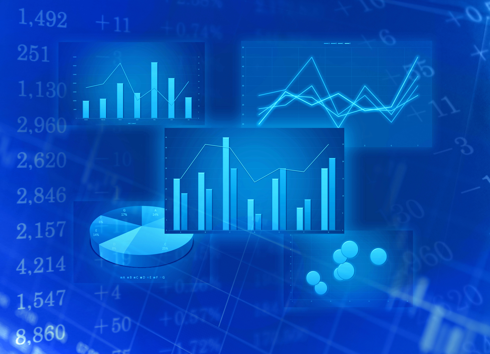 Various charts and graphs on a blue background.