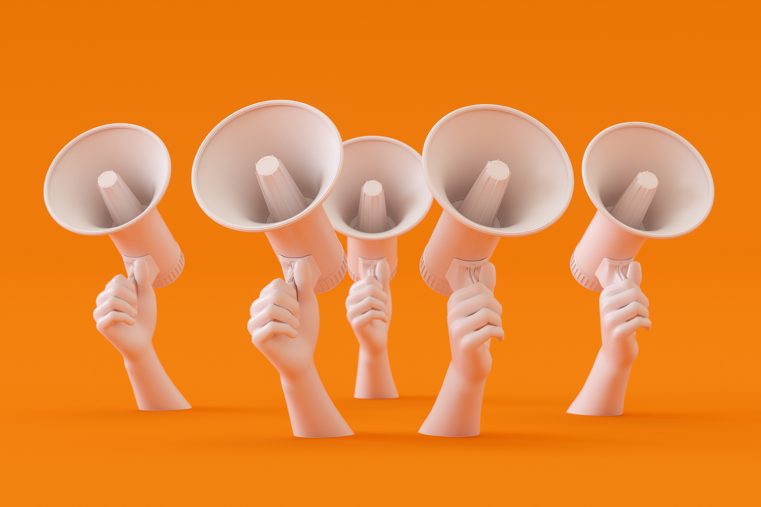 3d rendering of megaphone. Man is holding megaphone in his hand. Advertisement, sale, announcement message.