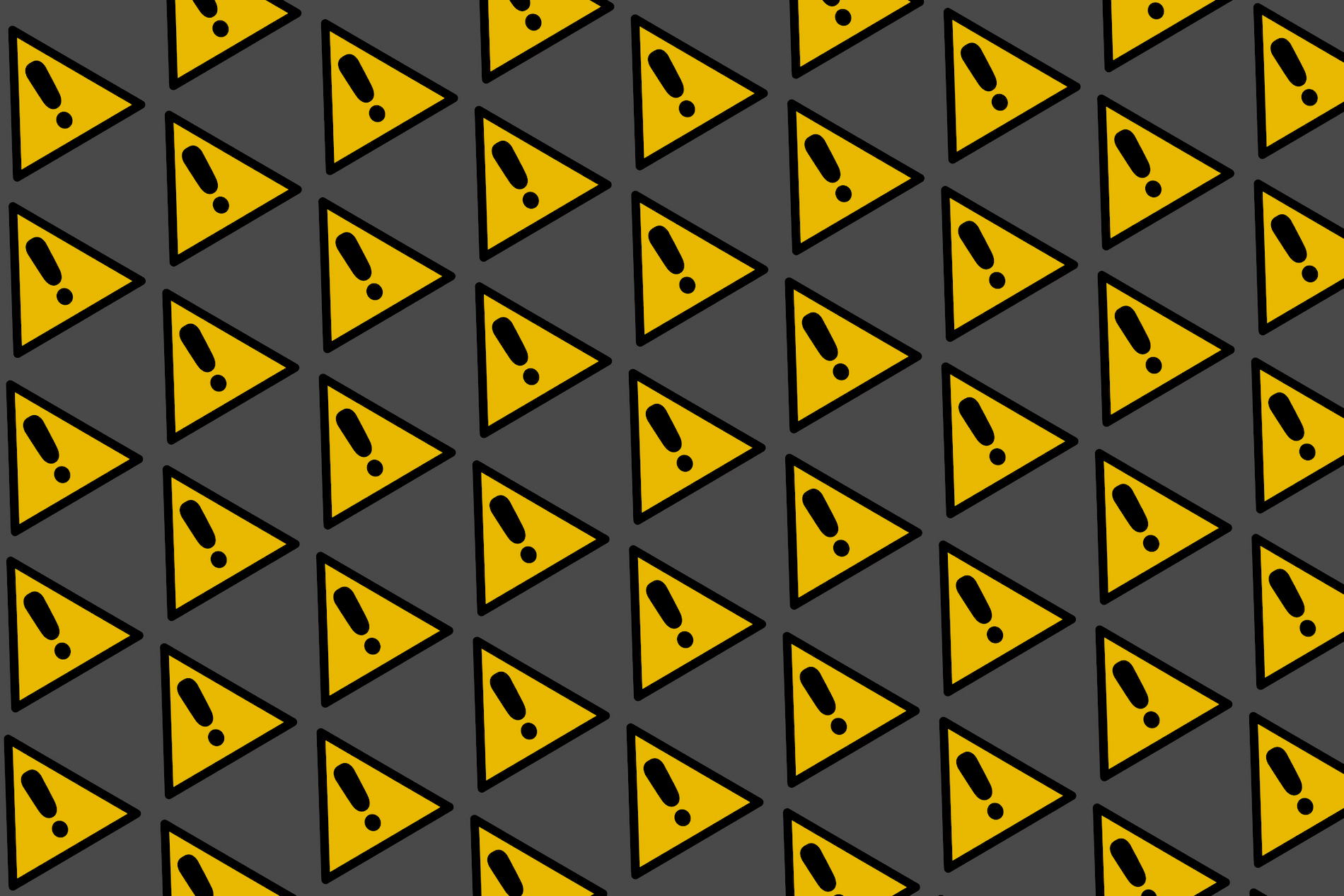 Warning signs pattern with yellow and black triangle with exclamation mark, on grey background.