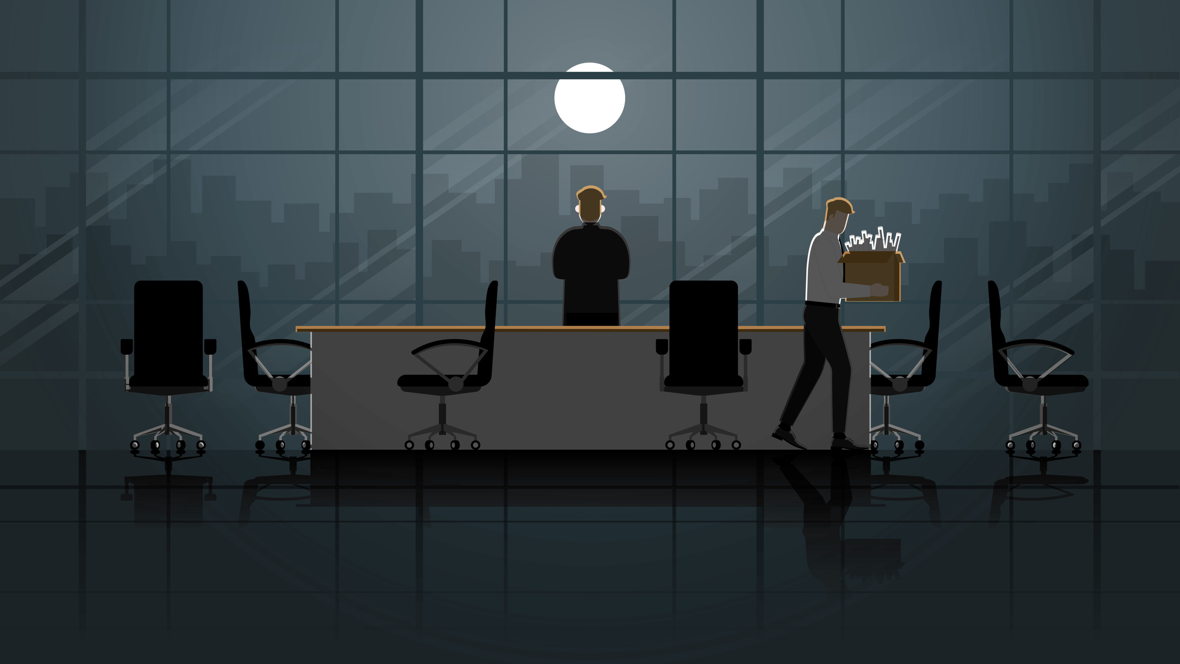 Sad worker leaves office with box full of belongings in this illustration.
