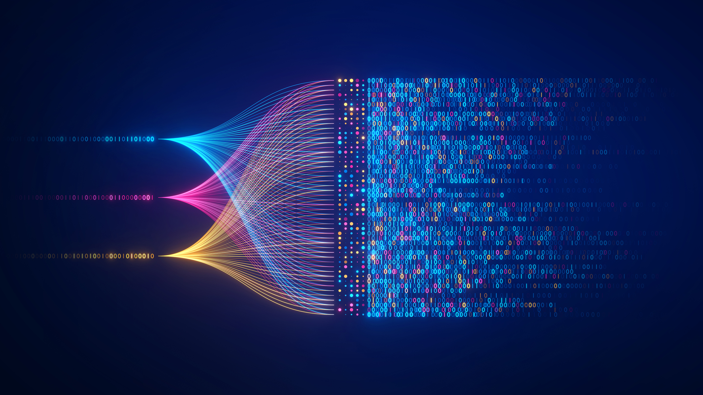 Colorful streams of data flowing into colorful binary info.