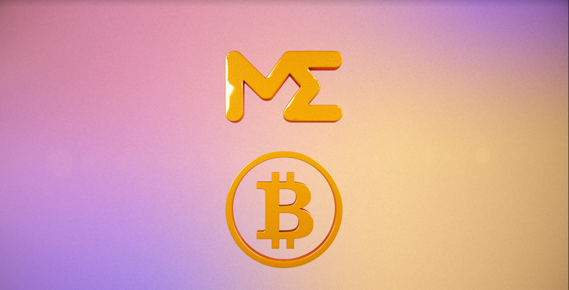 An image of the Magic Eden logo and Bitcoin in front of a pink and orange background