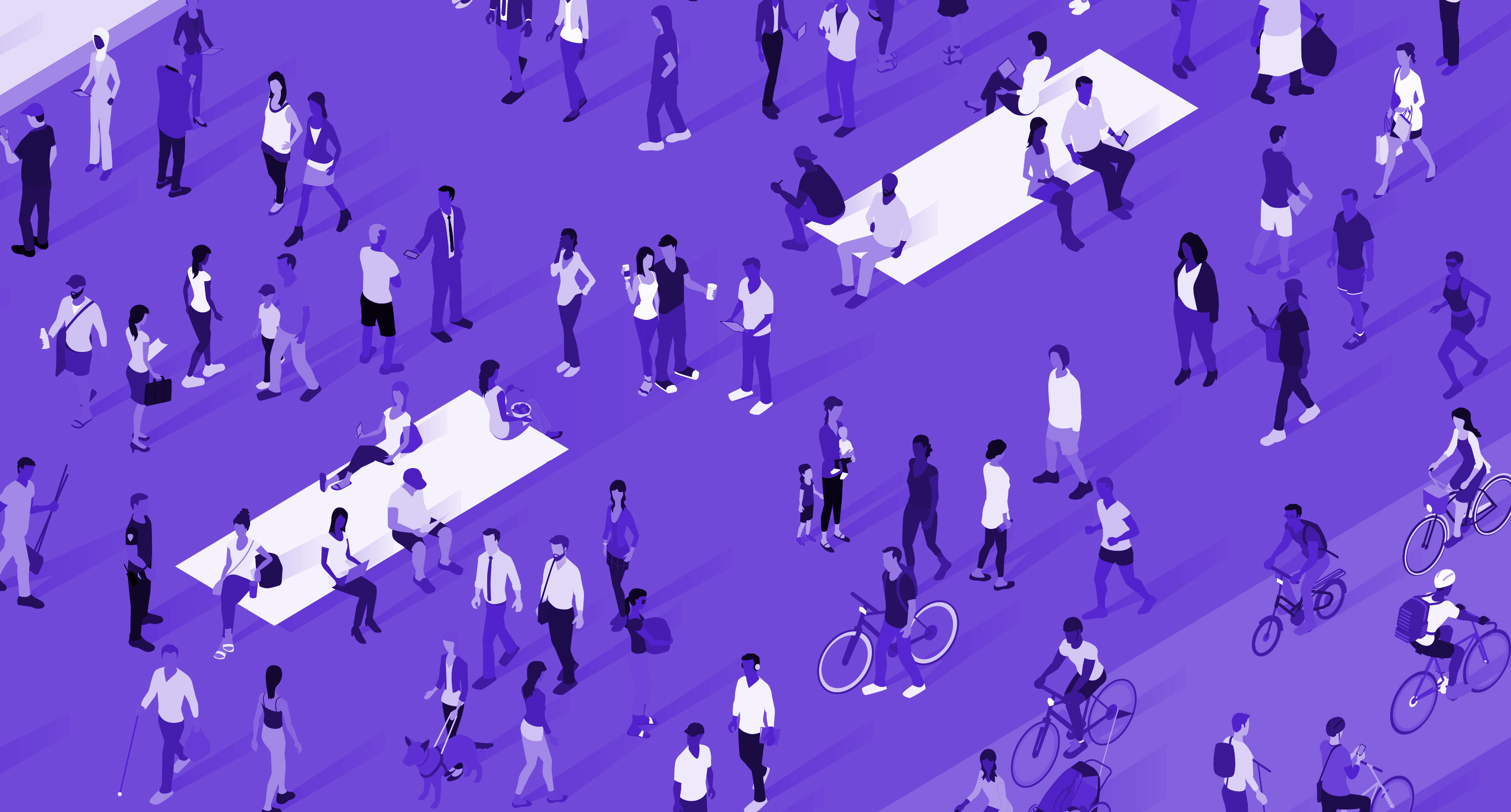 people walking across a purple open space