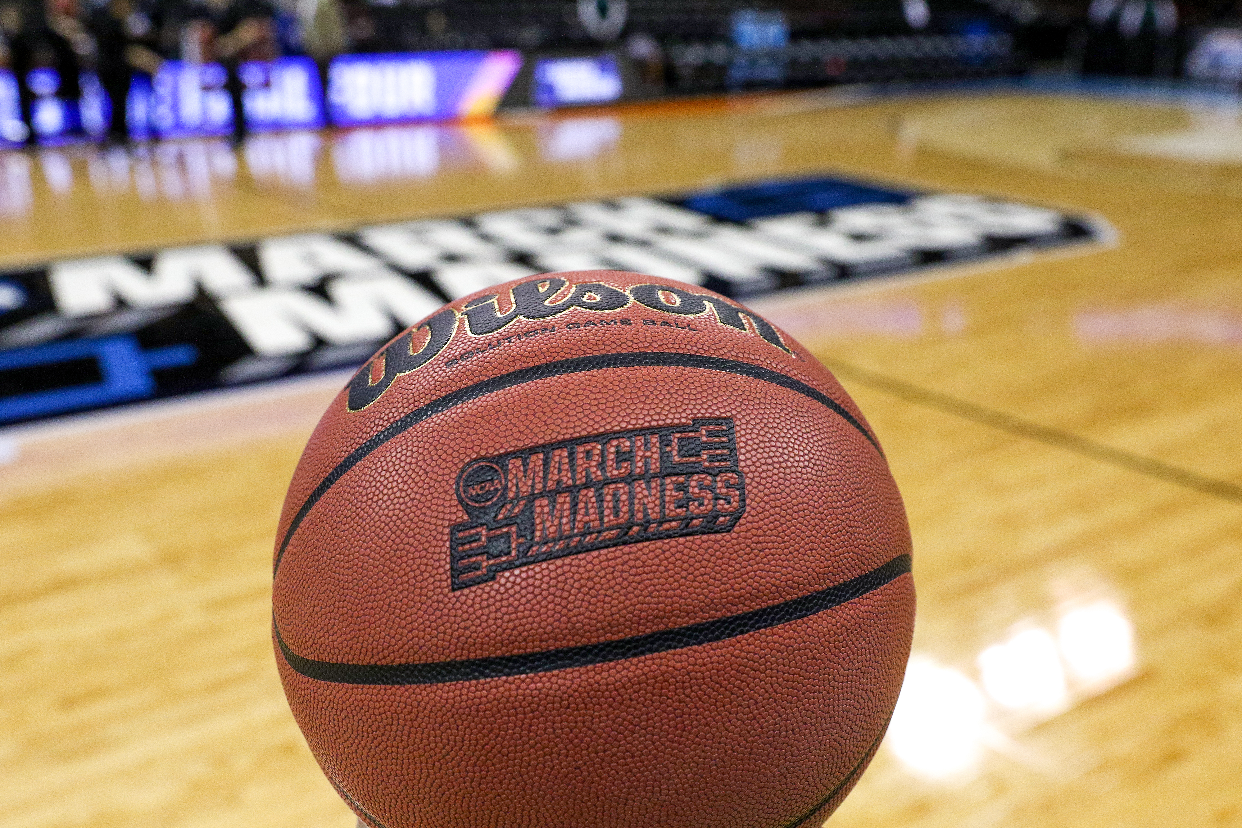 close up of a basketball on a court