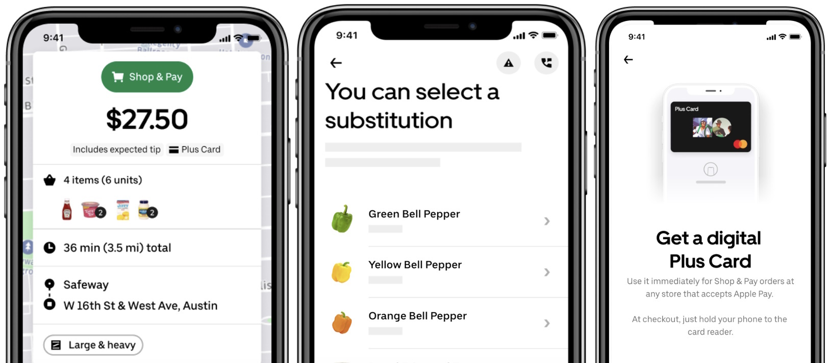 screenshots of Uber's shop and pay feature