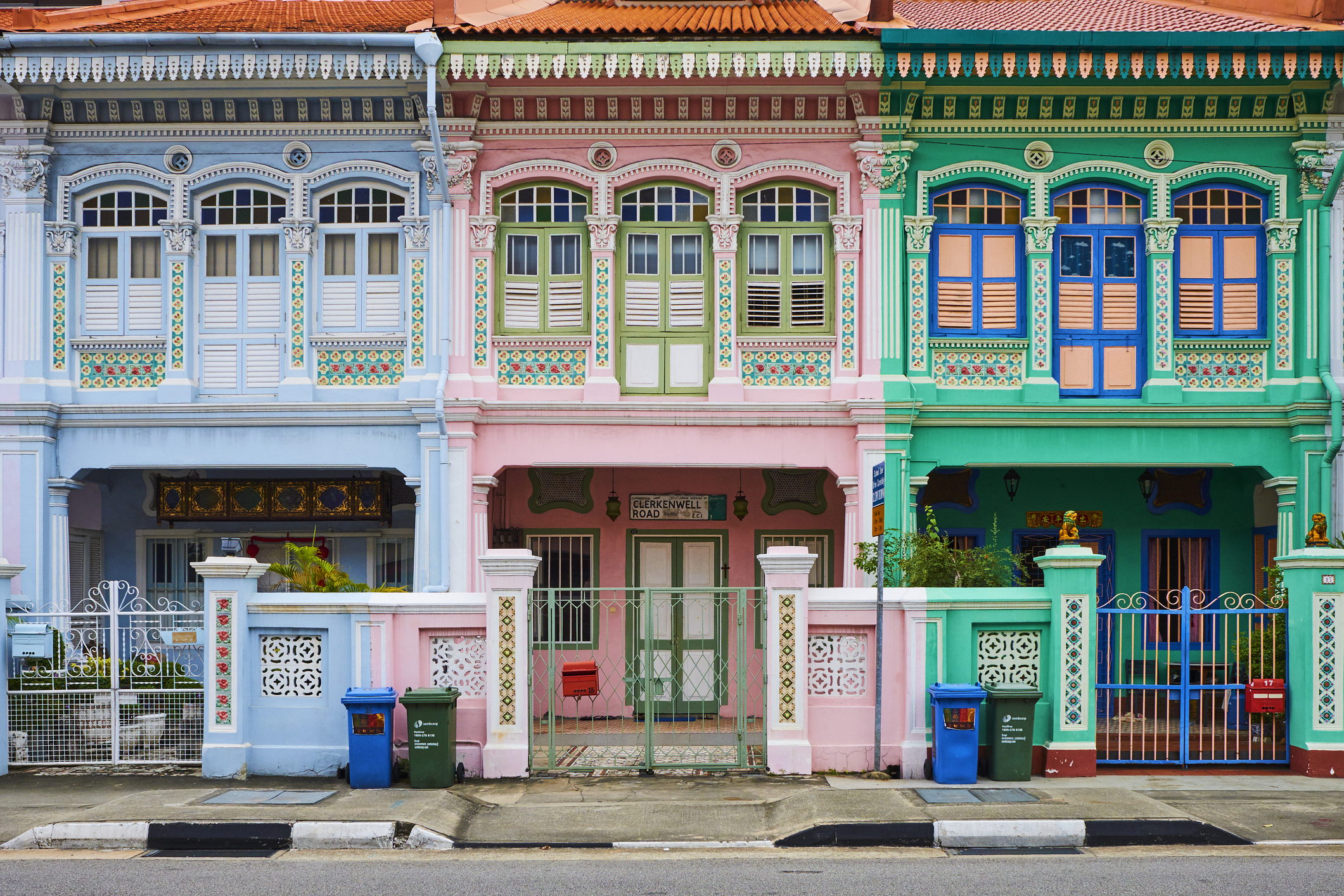 Singapore, Peranakan; colorful houses in Euros District at the east of the city