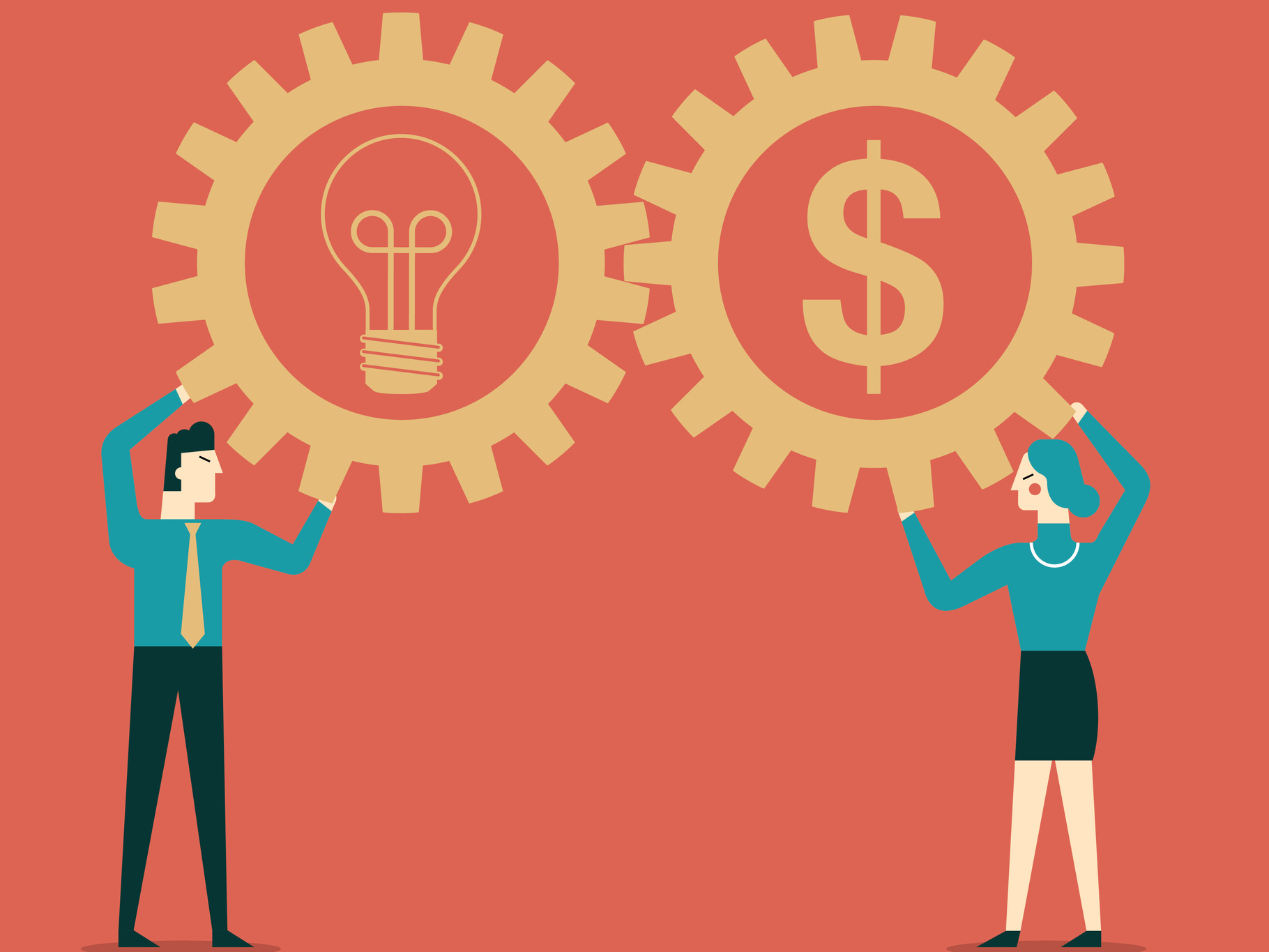 Illustration of a man holding an cog with a light bulb and a woman fitting her cog together with it with a dollar sign.