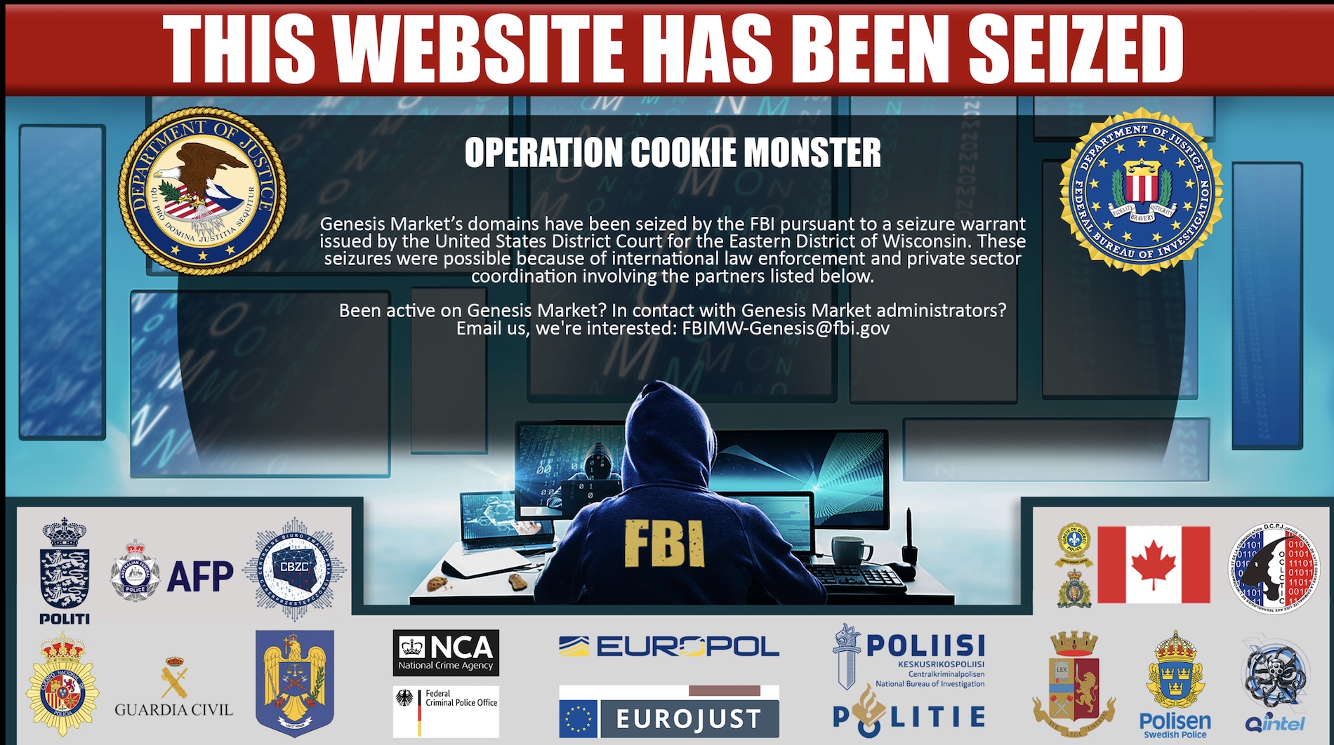 An FBI seizure notice displayed on the domains of Genesis Market