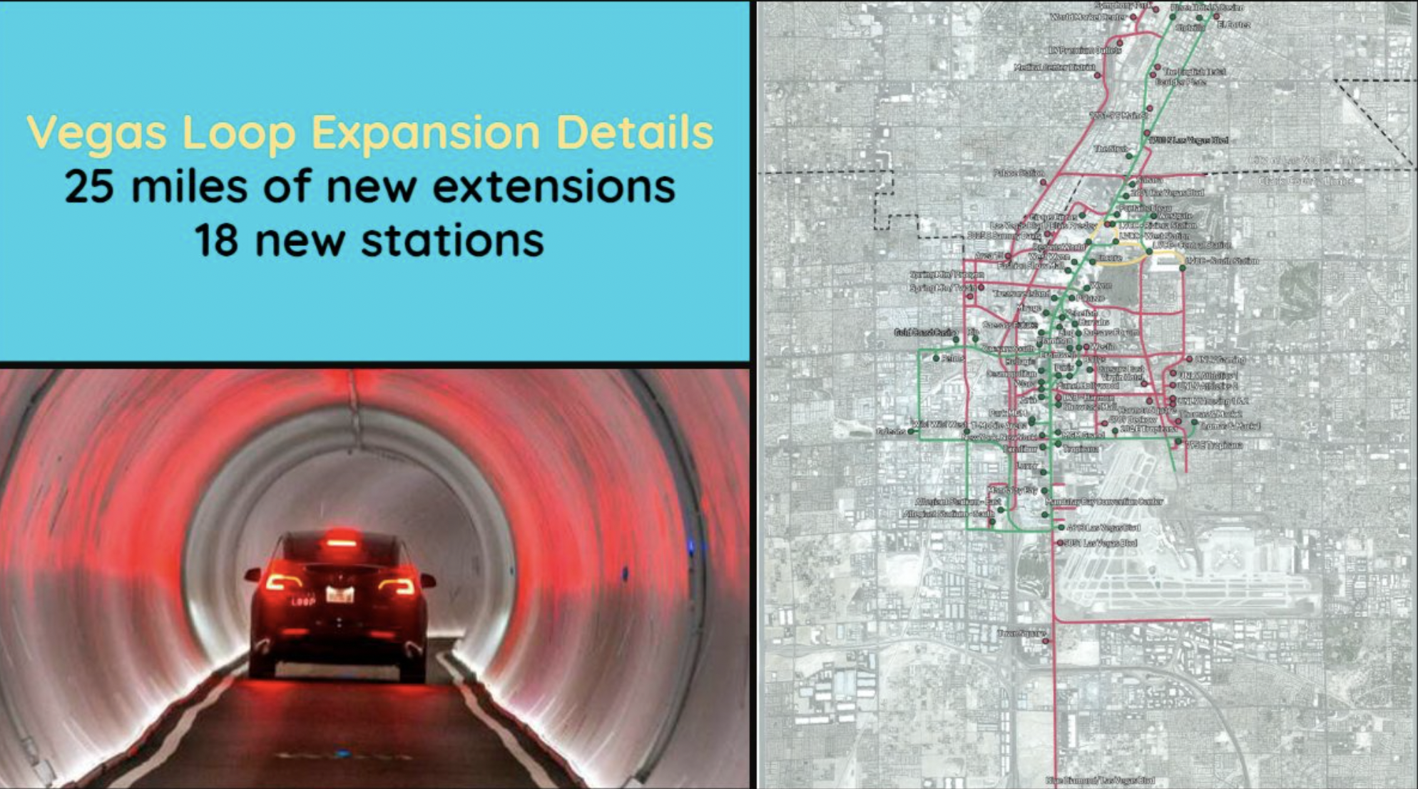 on the left, photo of tesla car going through the boring company tunnel; on the left, proposed expansion map