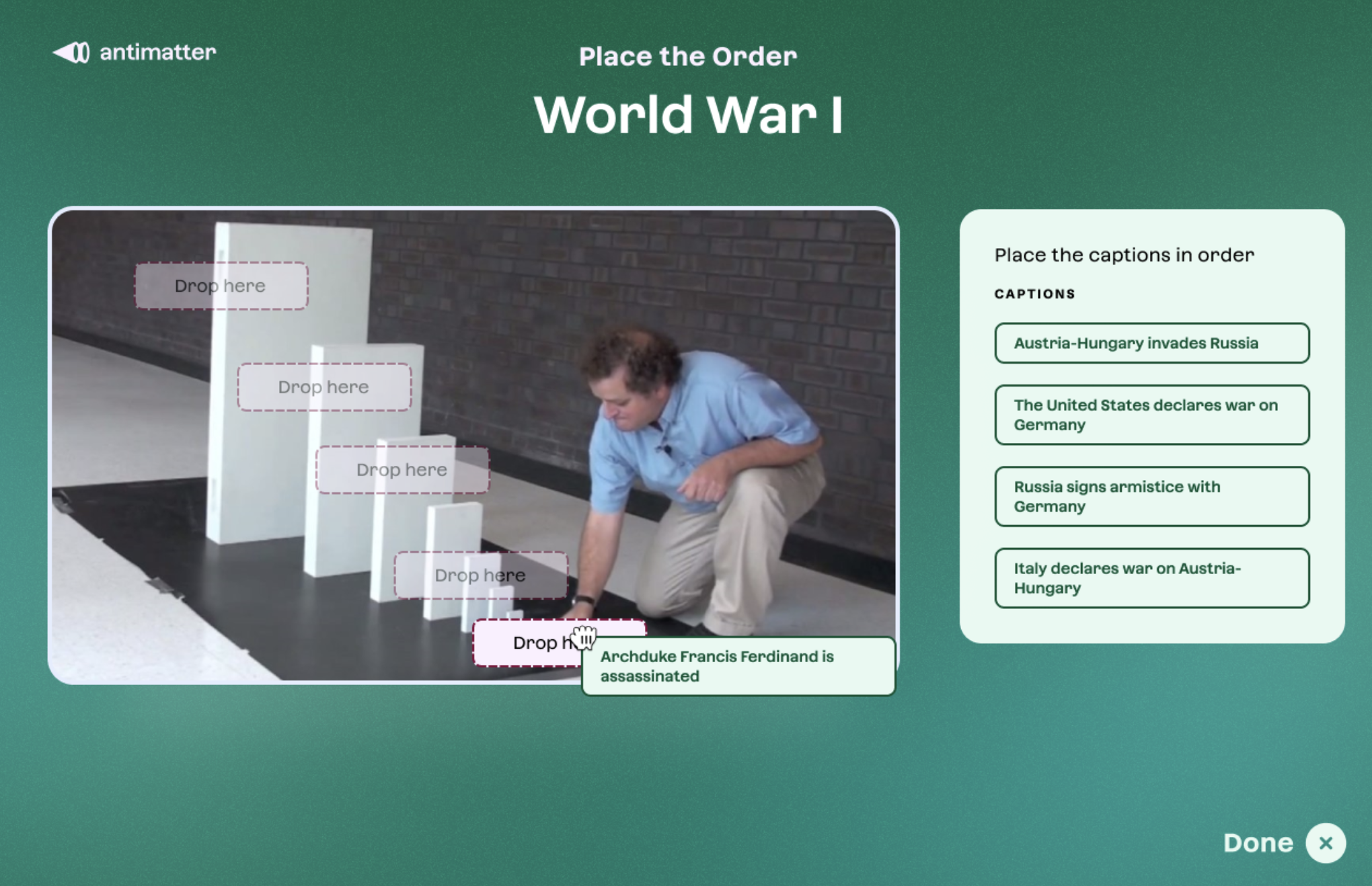 An Antimatter activity that prompts a student to use a meme format to learn about the causes of World War I