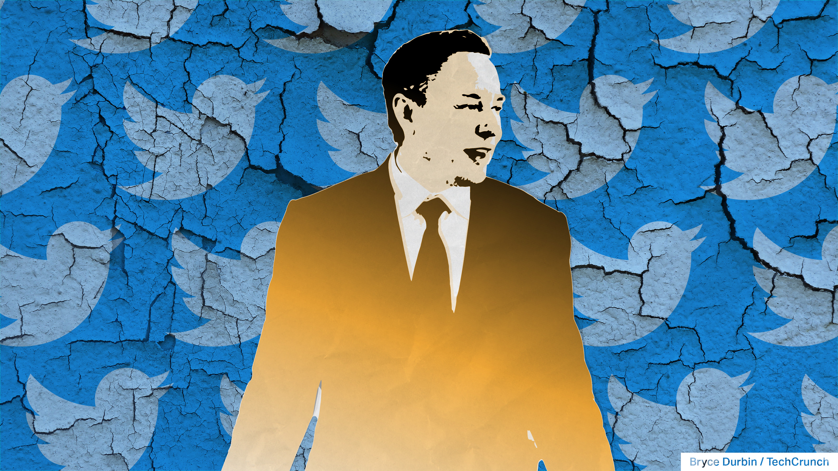 illustration of Elon Musk in front of cracked and peeling background of Twitter bird icons