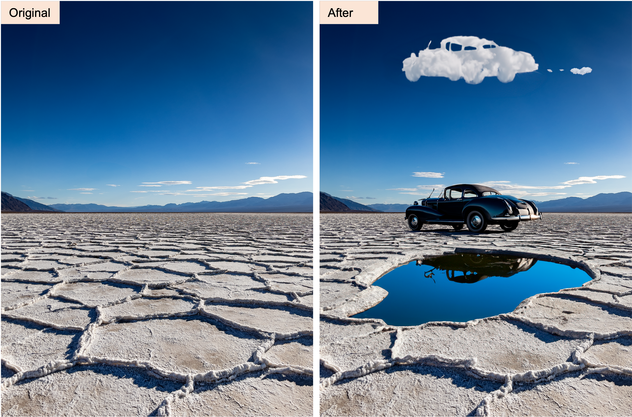 Adobe example of geberative AI; water, car and cloud added to desert scene