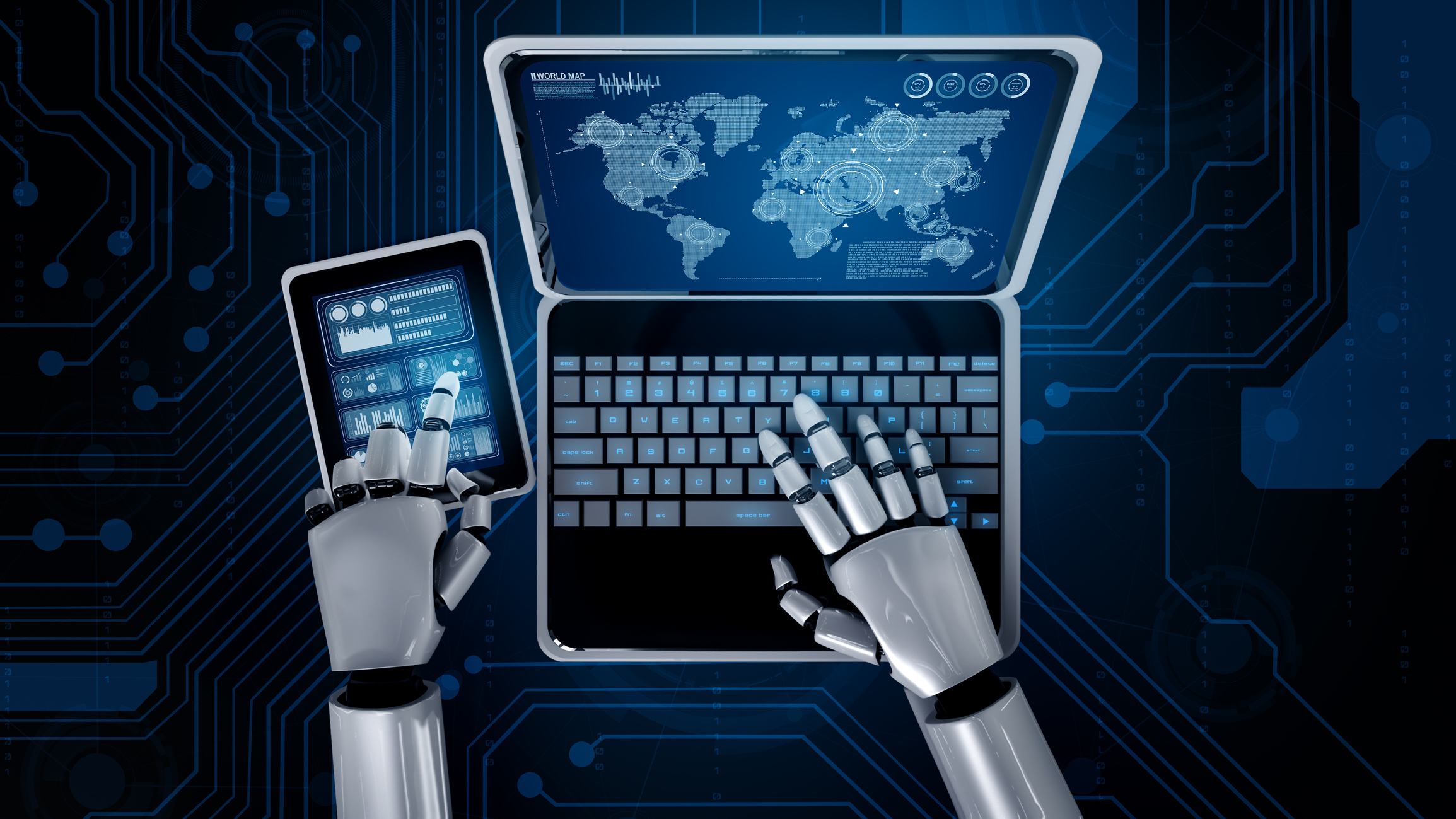 Robot humanoid use laptop and sit at table for global network connection