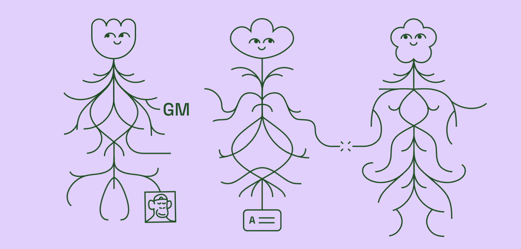 A screenshot of a purple backdrop with the Lens Protocol plants smiling upward with little icons around it