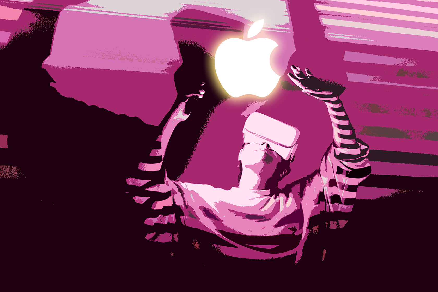 Apple logo floats above a person wearing a VR headset