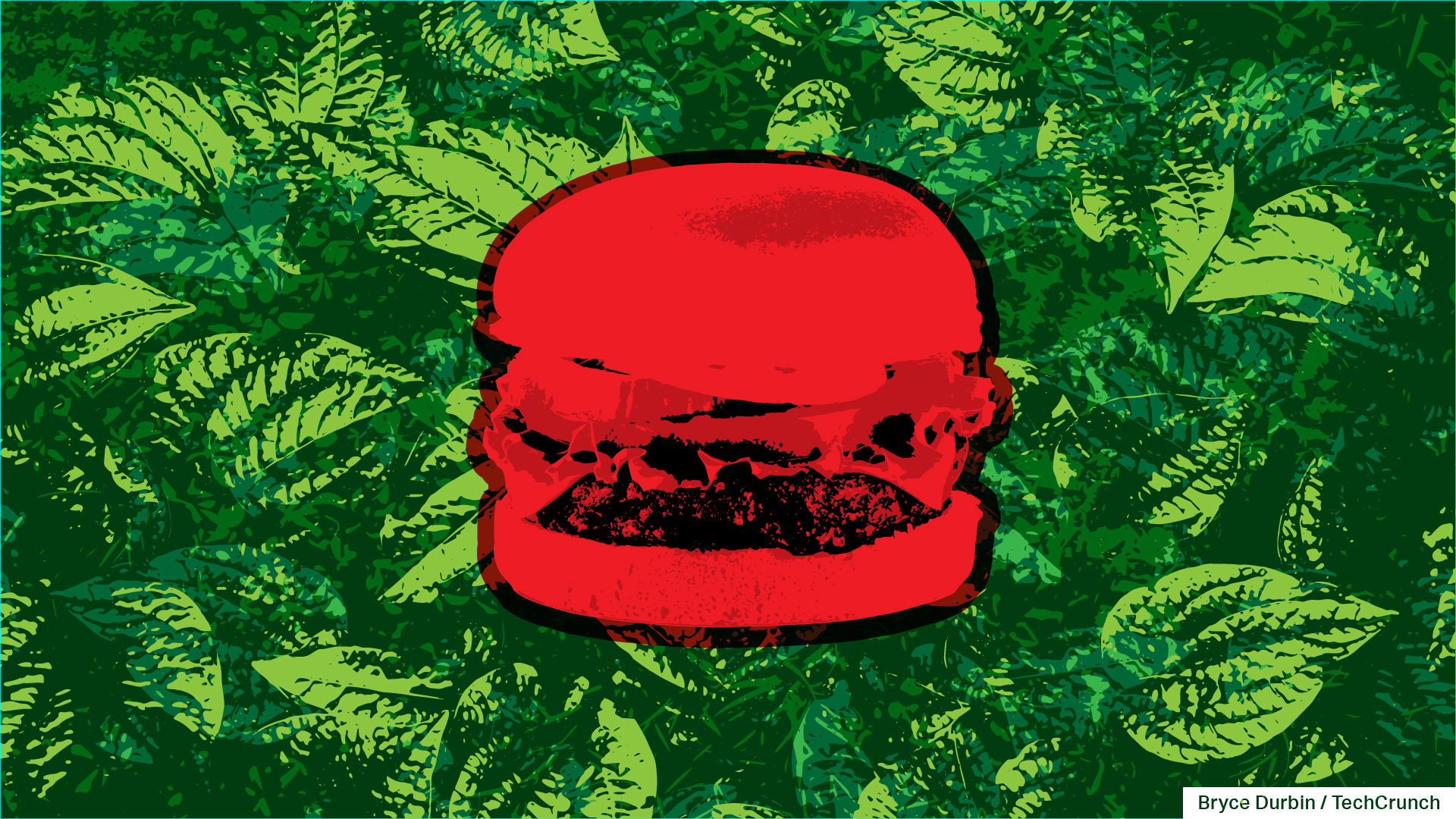 red-tinted hamburger over background of green leaves