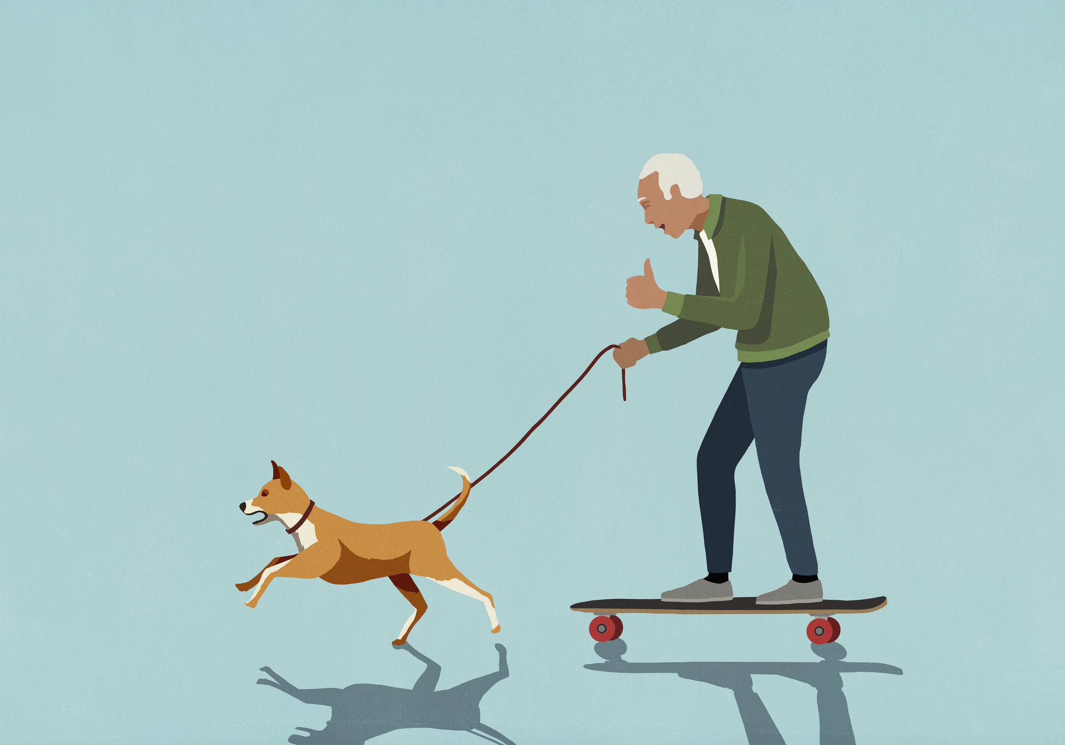 Dog on leash pulling excited senior man on skateboard