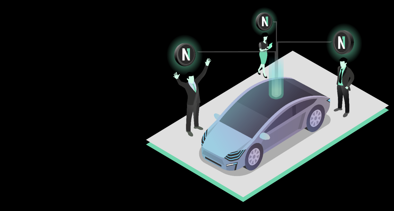 A screenshot of ELOOP's Tesla blockchain-based car sharing in cartoon form.