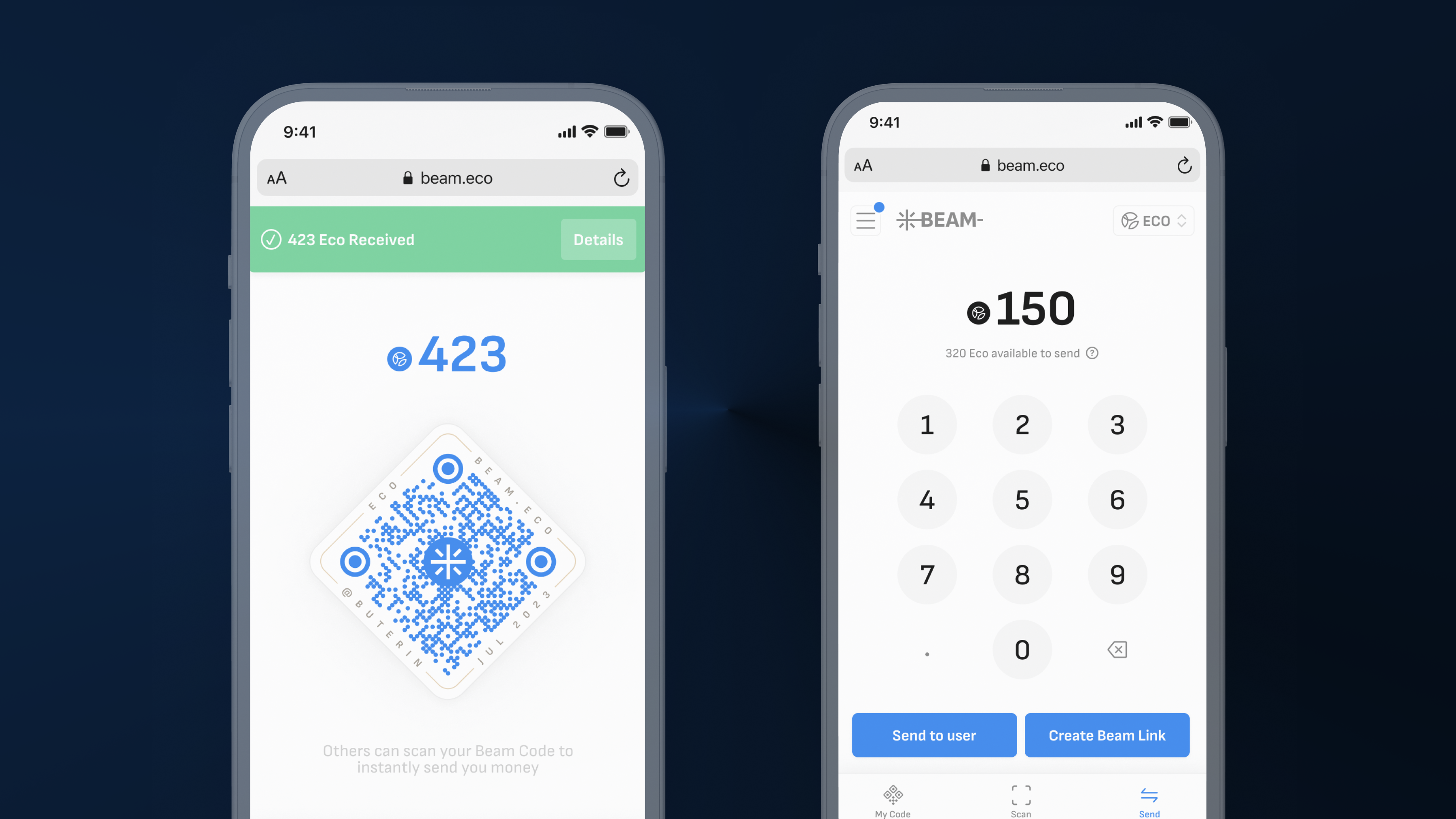 Beam app on 2 smartphone screens