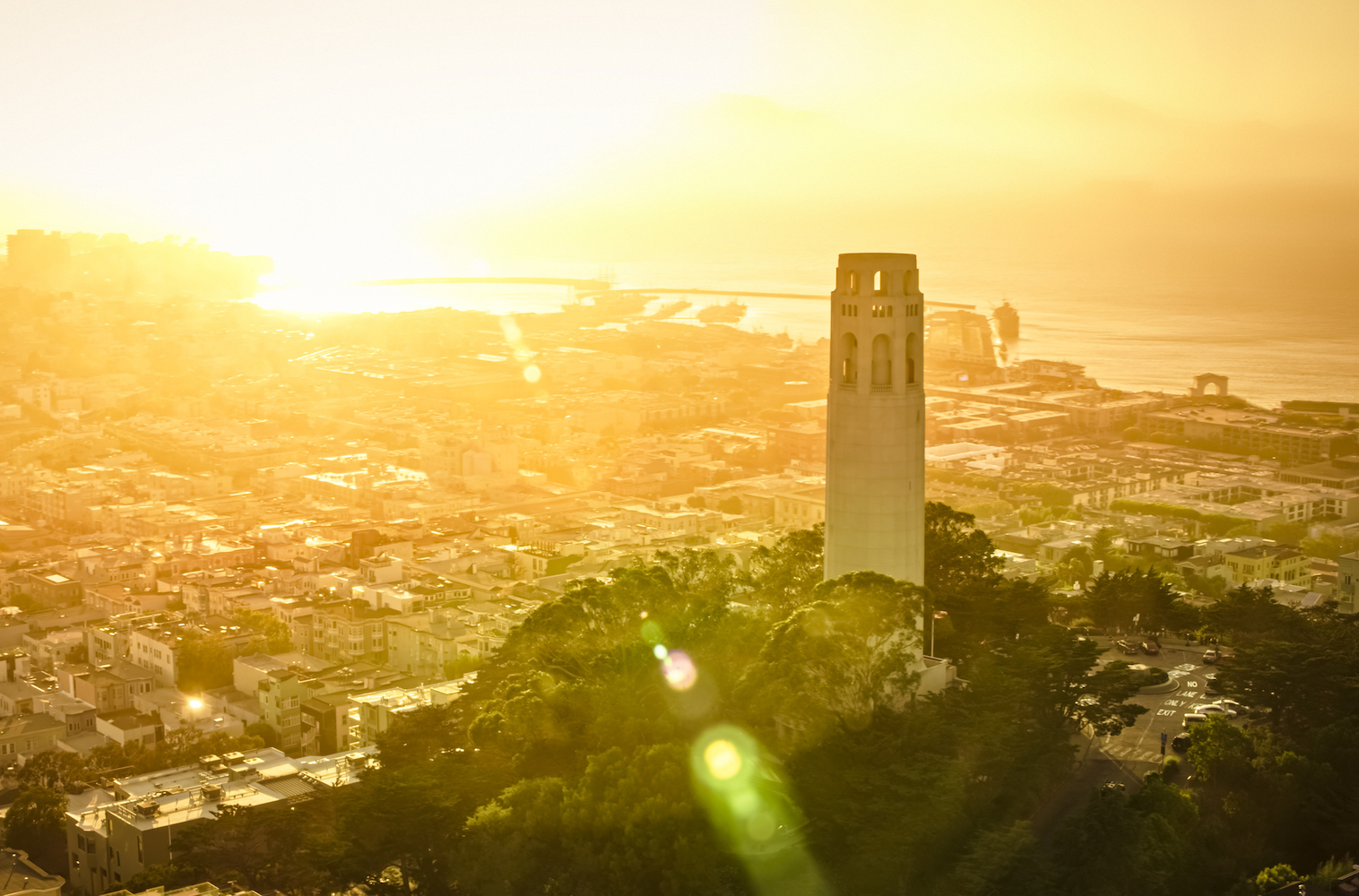 Aerial view of Coit Tower on Telegraph Hill during sunset, San Francisco, California, USA.