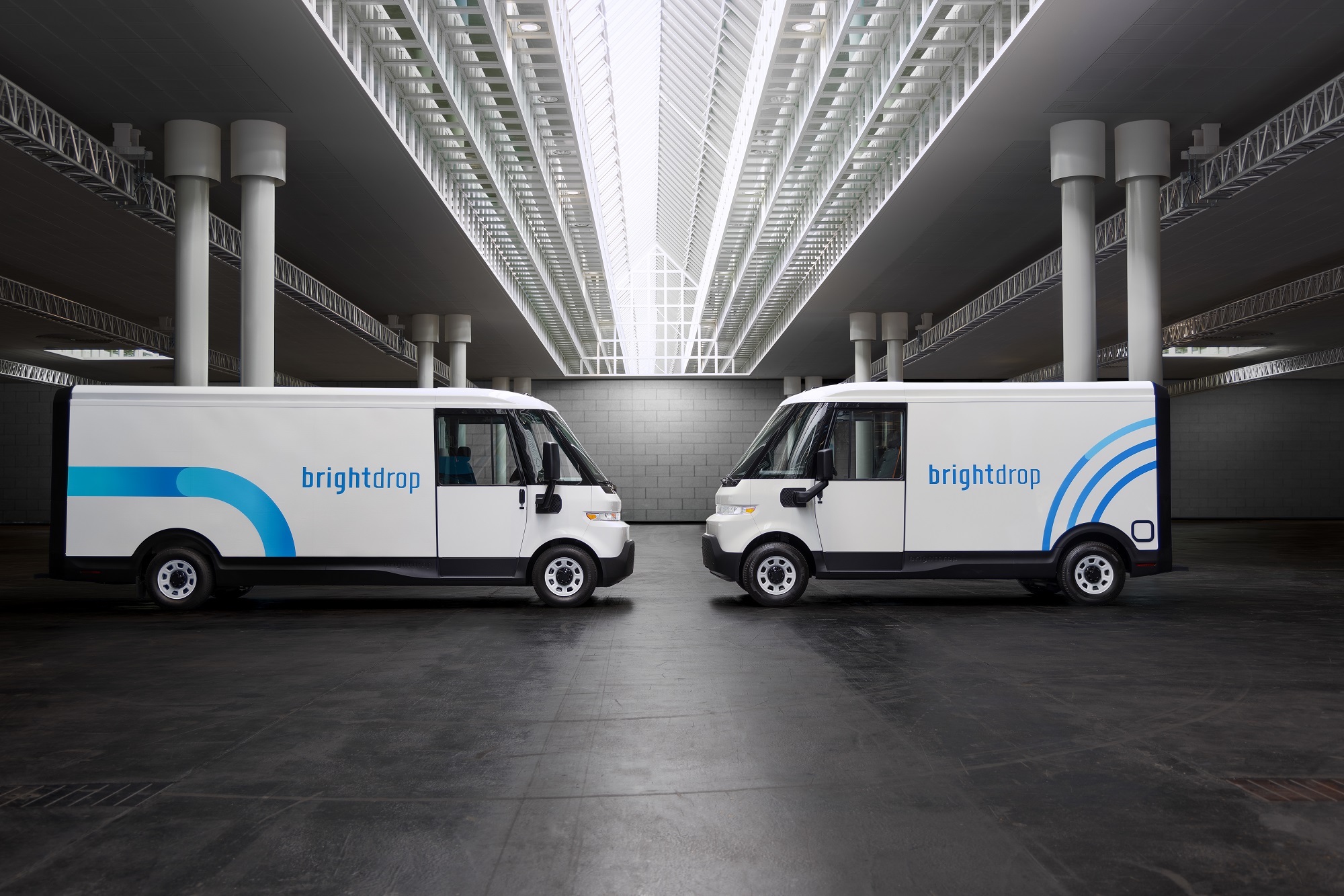 Two white and blue commercial vans, the one on the left is larger, are parked facing each other.