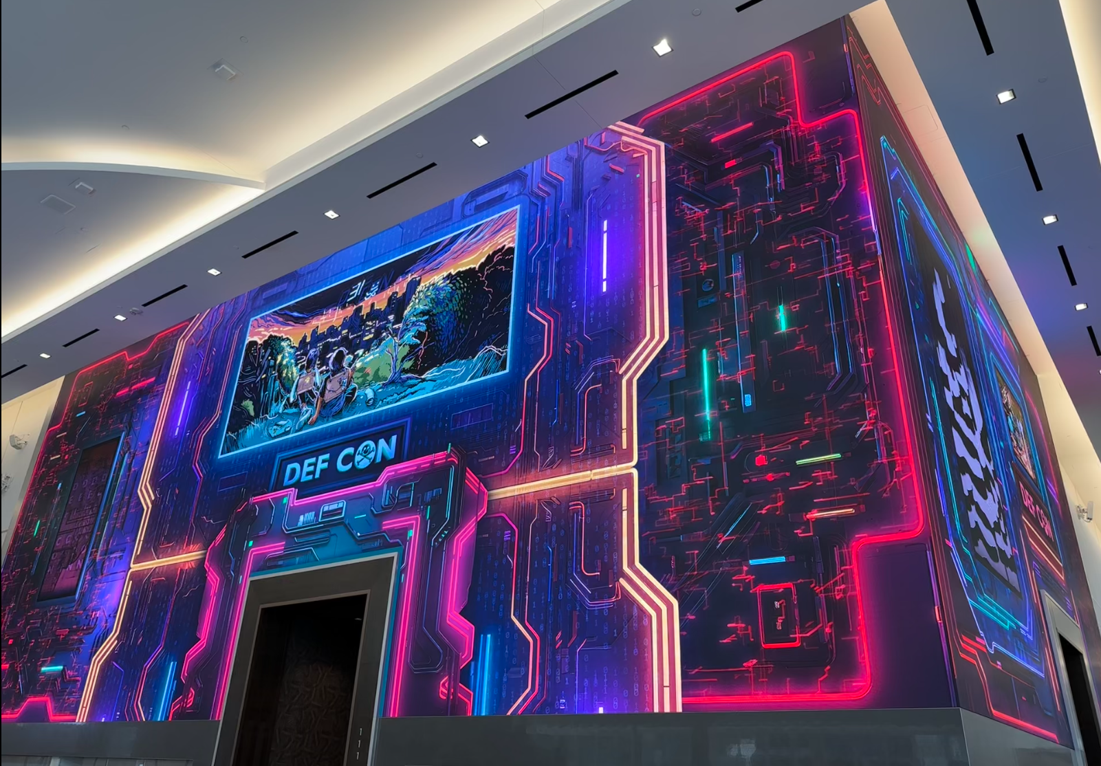 A large screen at the 2023 Def Con hacking conference in Las Vegas.
