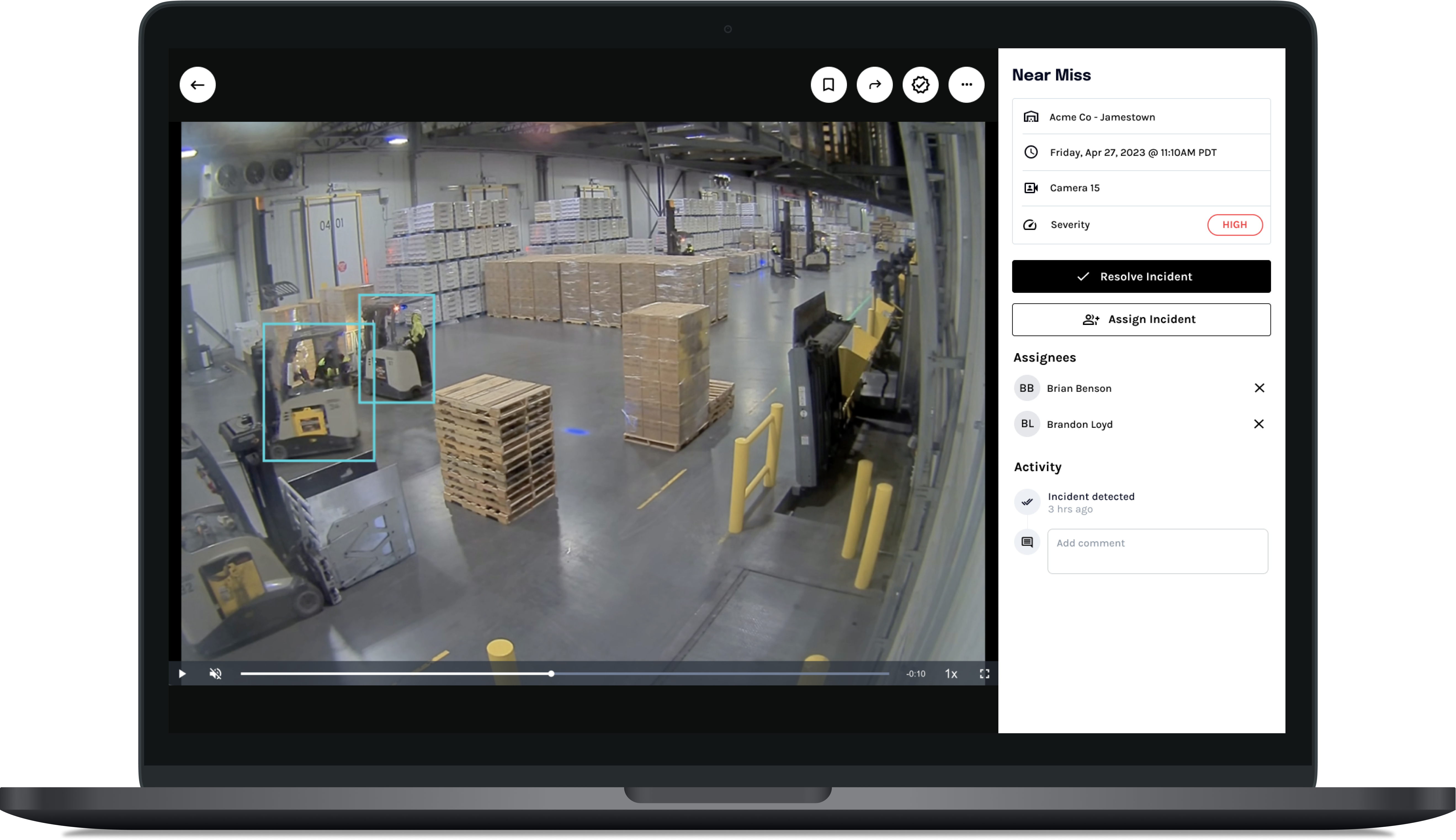 Laptop displaying an image of a workplace accident almost happening, used in post about Voxel's computer vision for workplace safety