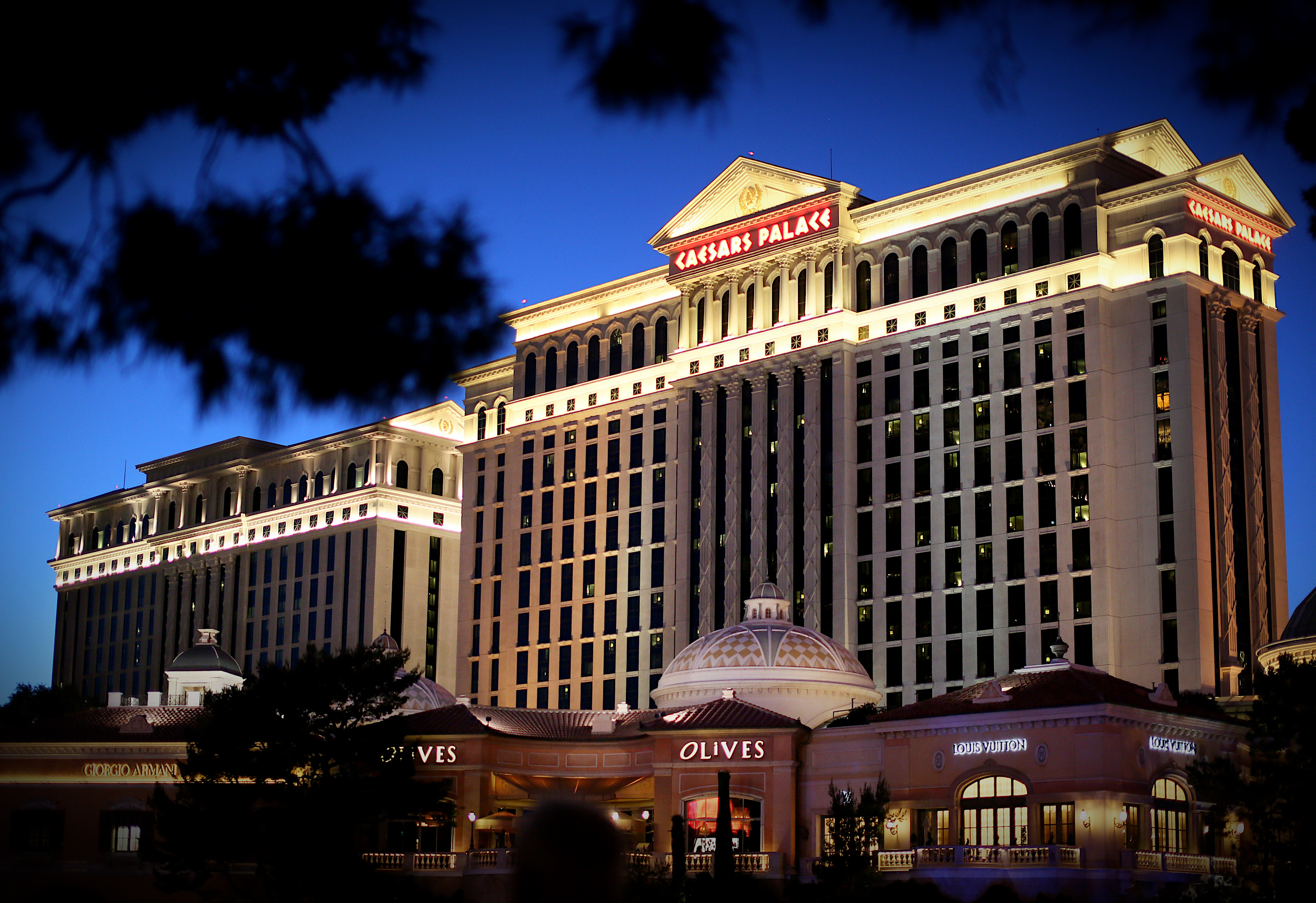 a photo of Caesars Palace Hotel sitting along Las Vegas Blvd, along the strip in Las Vegas, NV at night with the darkened sky