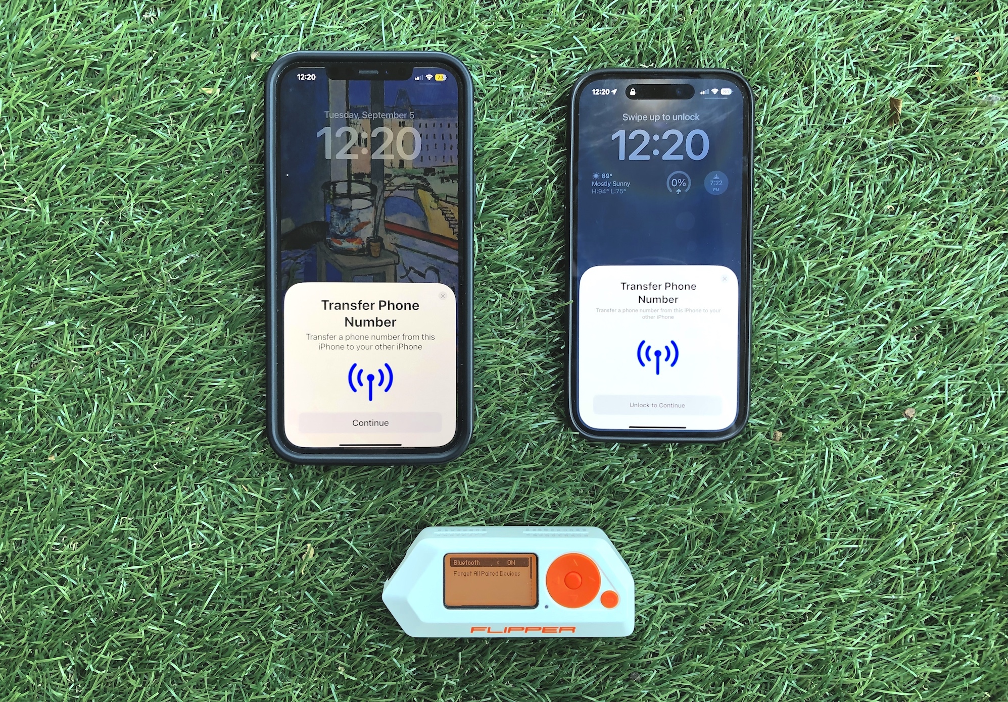 A Flipper Zero hacking tool near two iPhones displaying a pop up.