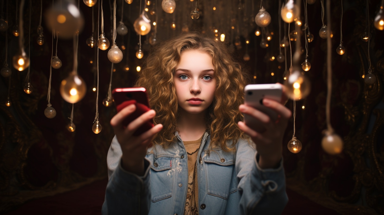 young woman holding iPhones, one in each hand