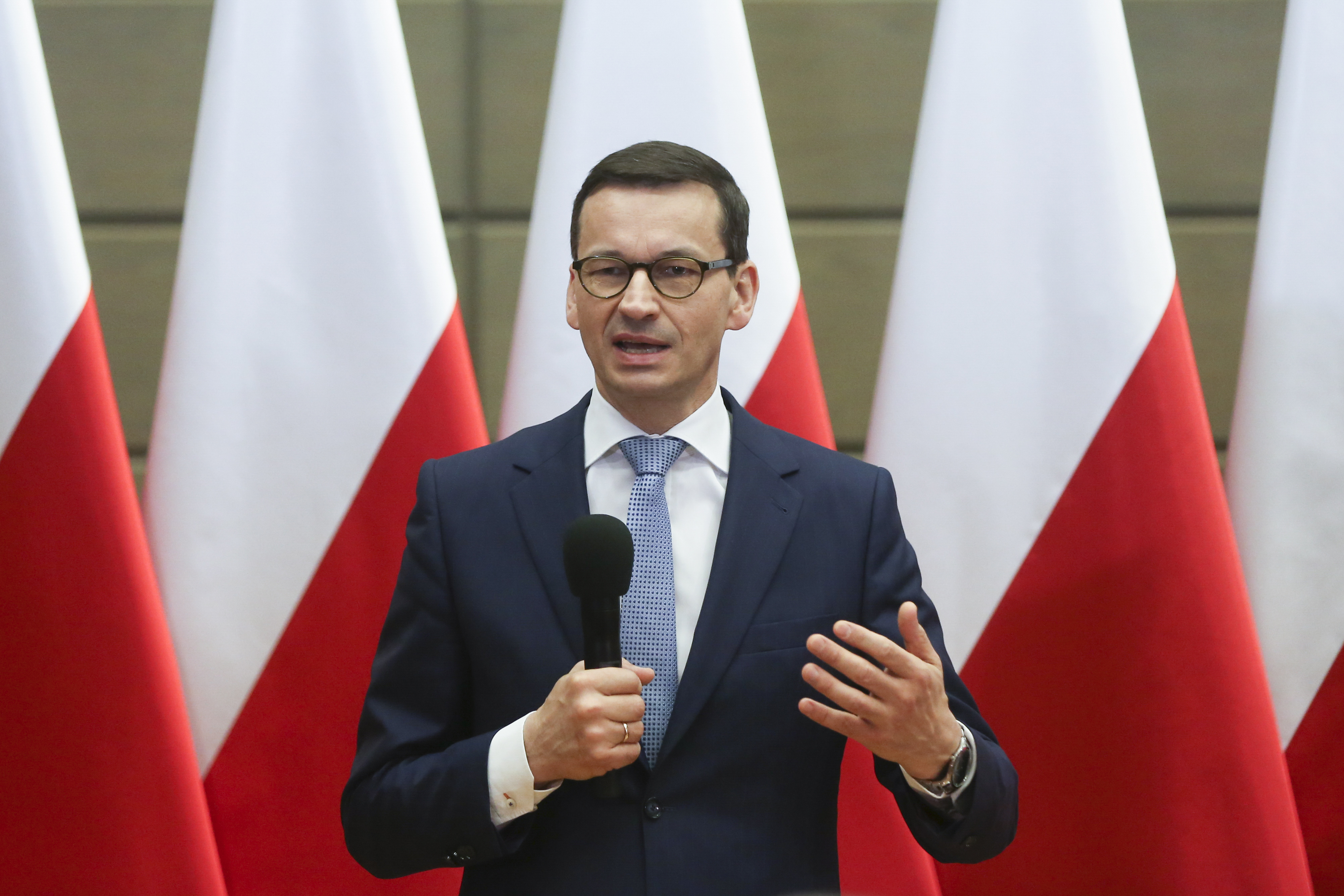 Polish Prime Minister Mateusz Morawiecki gives a speech during his visit in Krakow, Poland on 15 April, 2018. (Photo by Beata Zawrzel/NurPhoto via Getty Images)