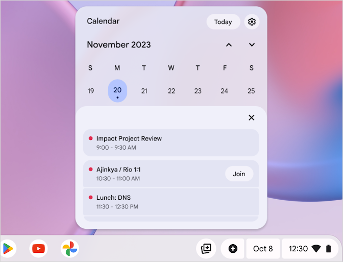 Chromebook calendar menu