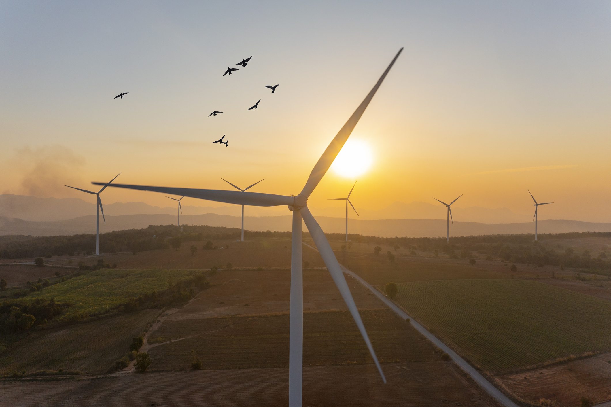 Wind turbine spins at sunrise.