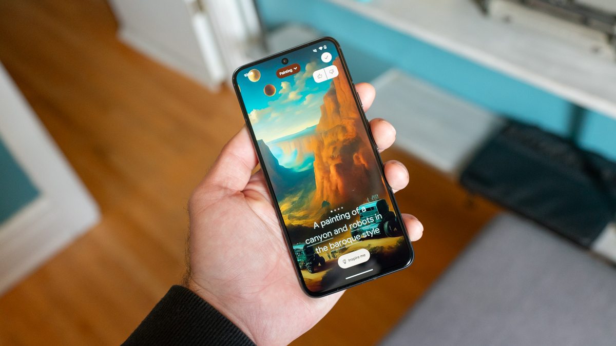 Google Pixel 8 held in hand, showing the generative AI wallpaper creation feature