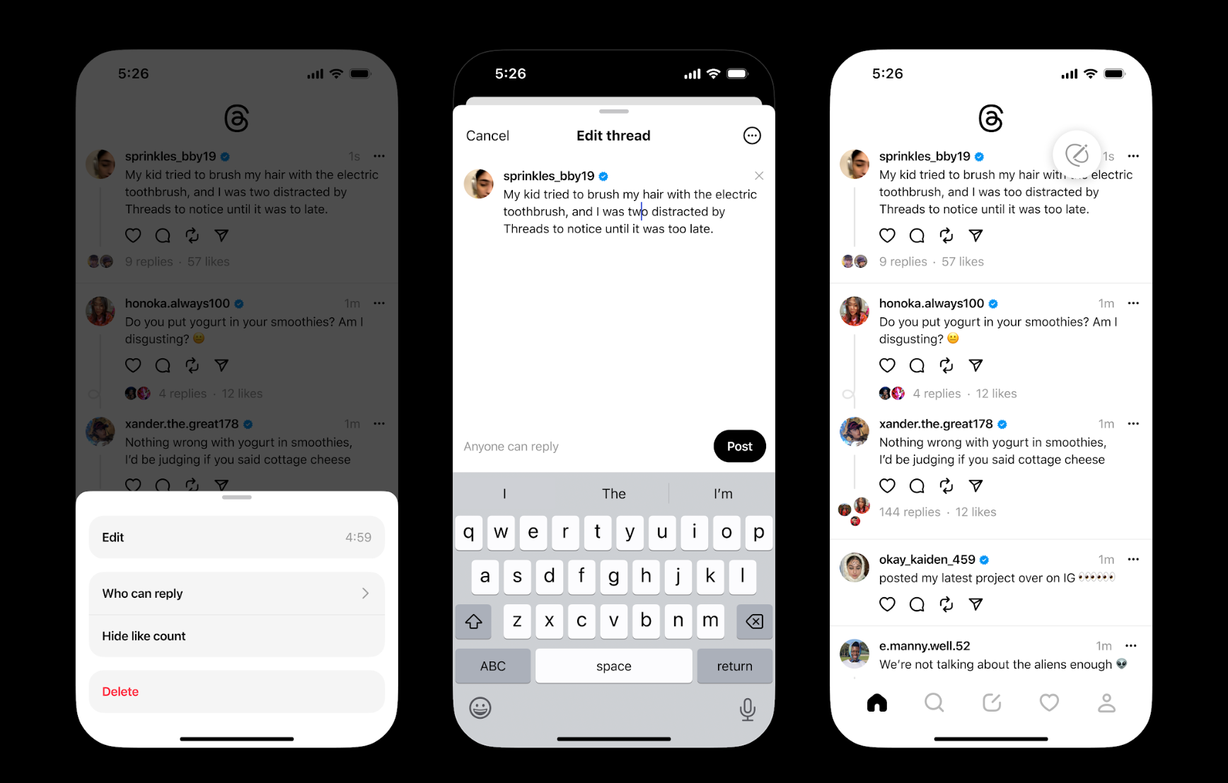 Three screenshots showing Threads' edit option