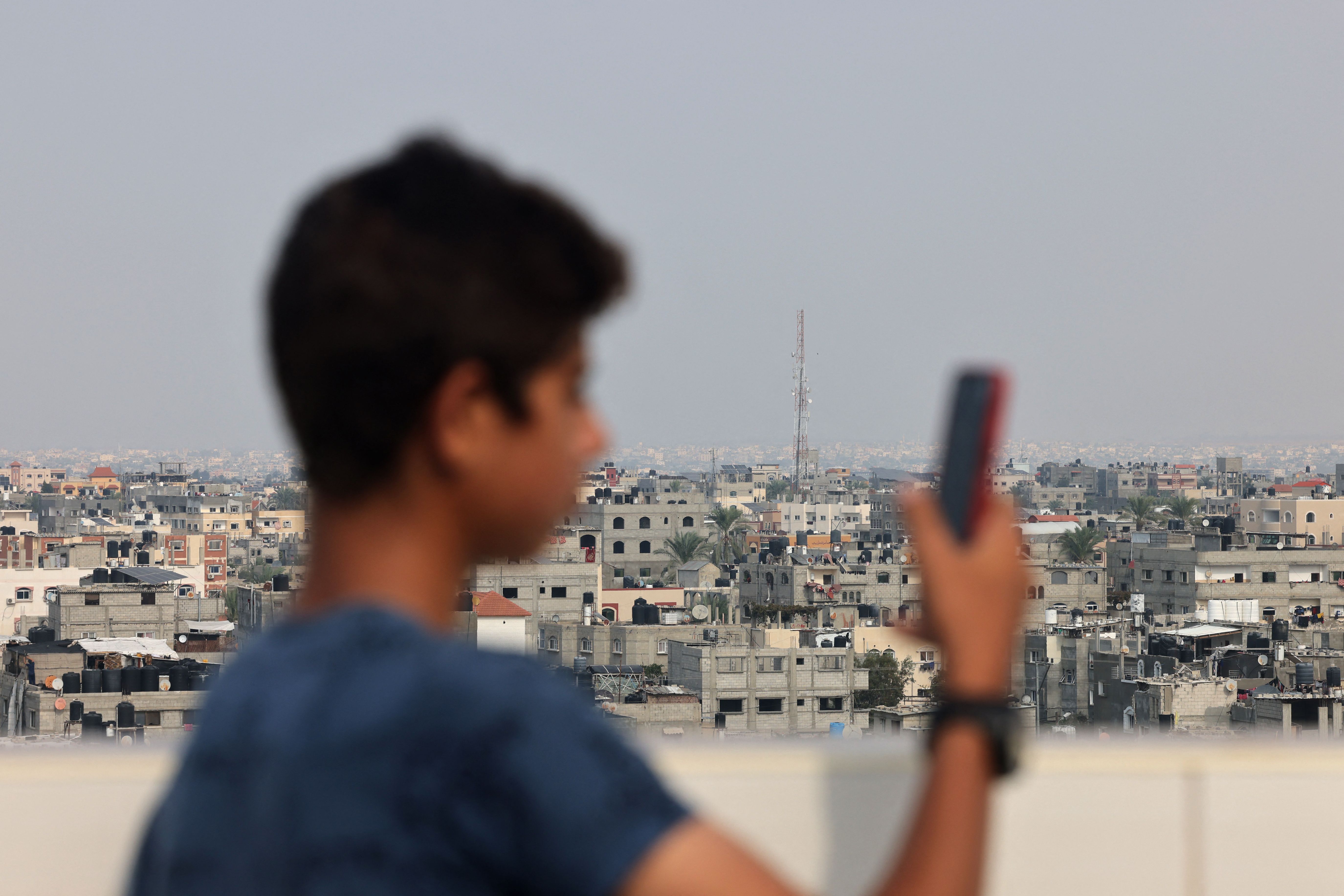 An antenna of a communications tower that relays phone and internet signals is pictured in Rafah, in the southern Gaza Strip on October 28 , 2023, amid the ongoing battles between Israel and the Palestinian group Hamas. Internet access and the phone network were completely cut across the Gaza Strip on October 28, nearly three weeks after Israel began bombarding the enclave following an armed attack by Hamas militants that Israeli officials say killed at least 1,400 people, mostly civilians. (Photo by MOHAMMED ABED / AFP) (Photo by MOHAMMED ABED/AFP via Getty Images)