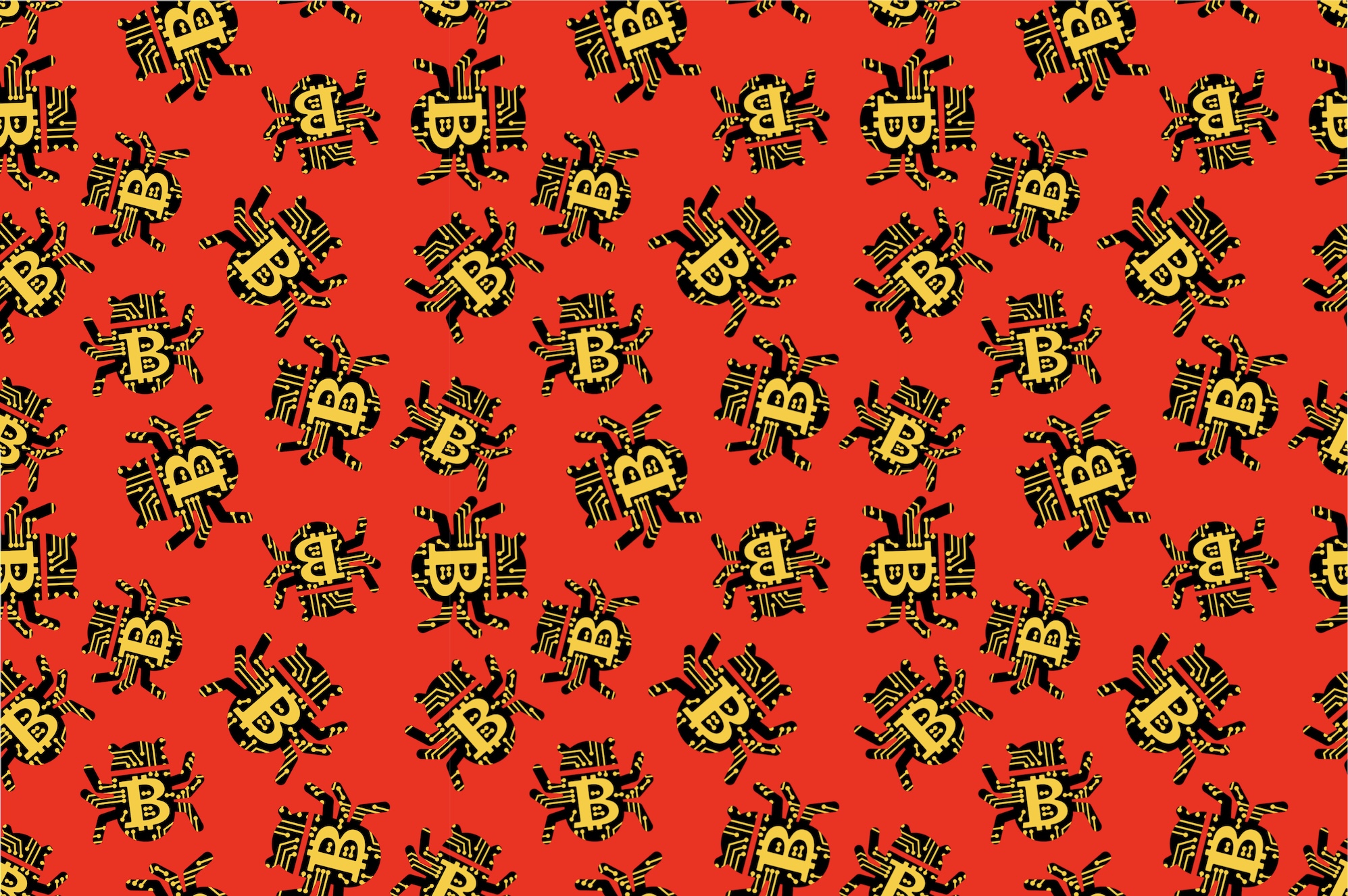 a sea of patterned green bugs with yellow bitcoin logos on them on a red background