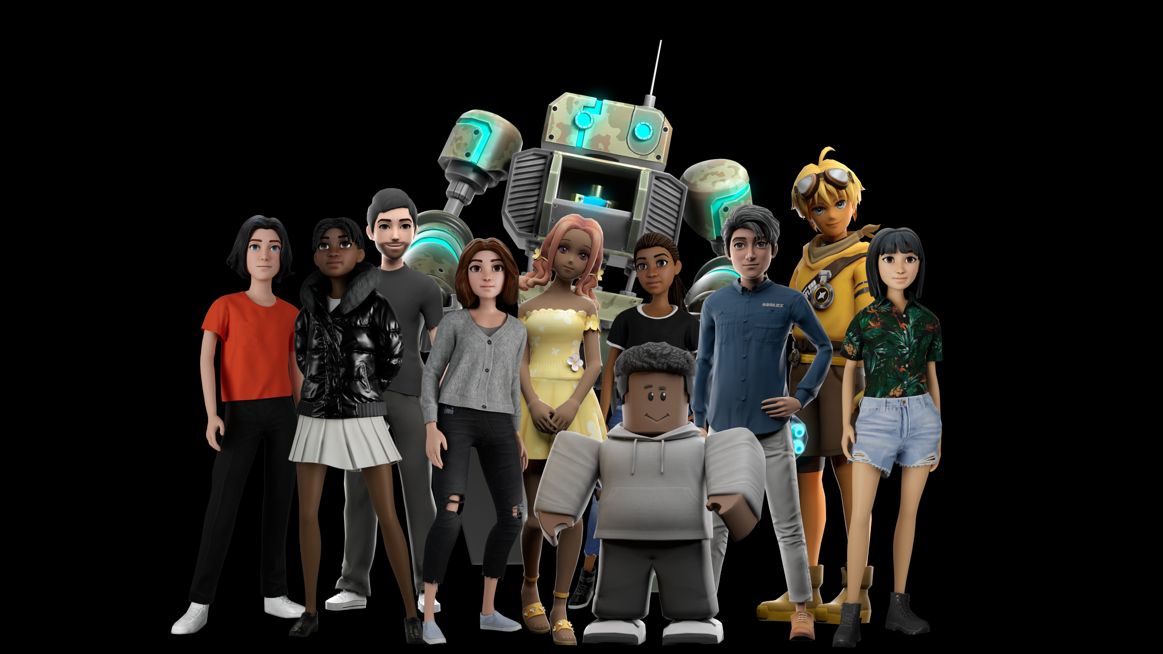 Roblox avatars, new and old, against a black backdrop