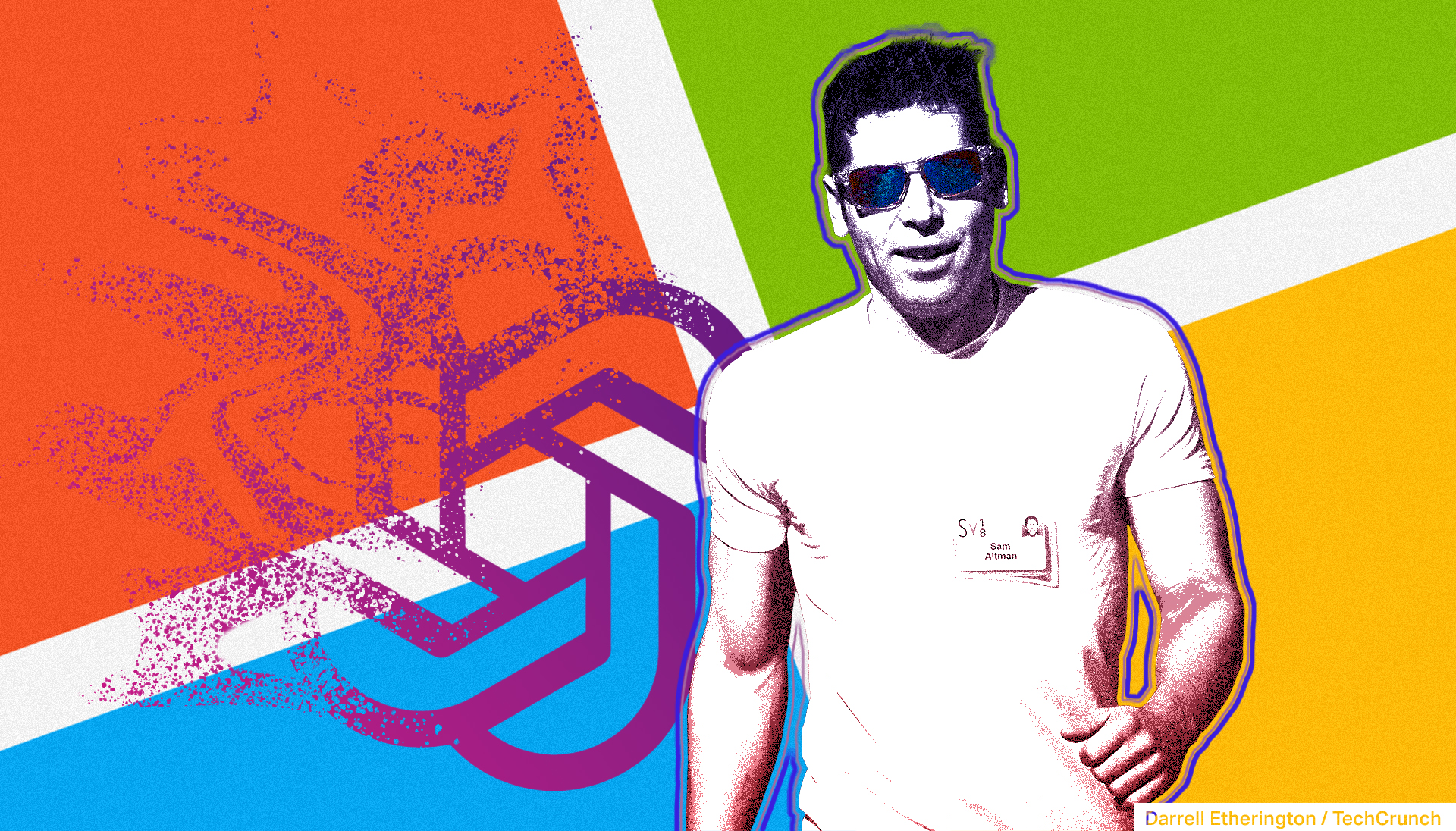 Sam Altman walking away from a dissolving OpenAI logo