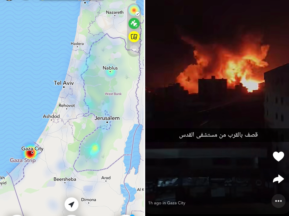 Screenshots via Snapchat Side-by-side screenshots of the Snap Map showing a hotspot in Gaza, and a screenshot of a public Story showing an explosion over a hospital.