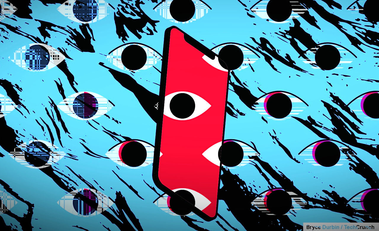 A blue background with eyes featuring a red phone in the middle.