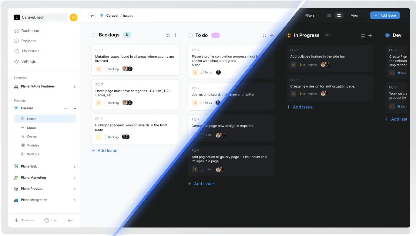 Plane: Issues dashboard in both light and dark theme