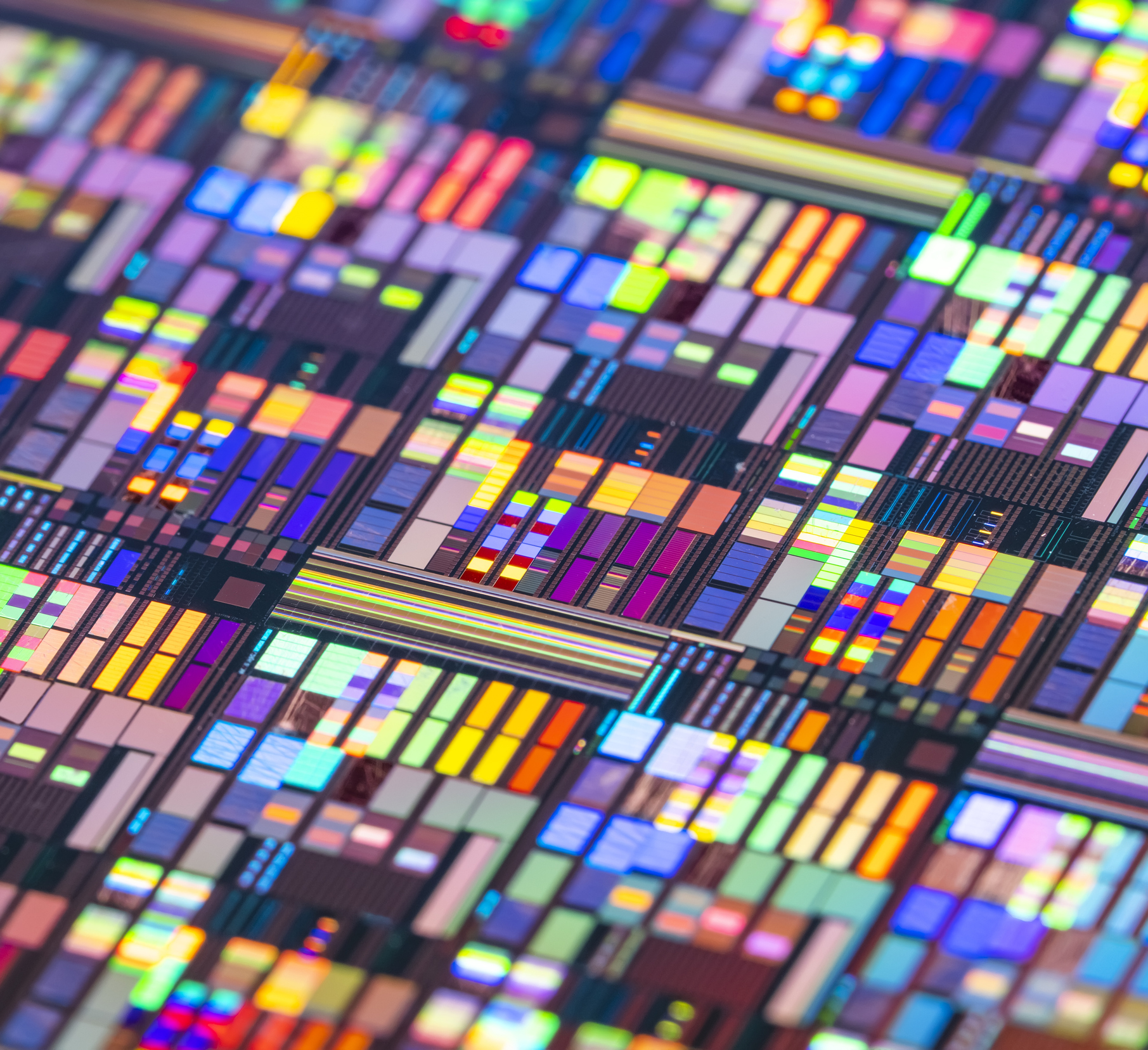 silicon wafer reflecting different colors.