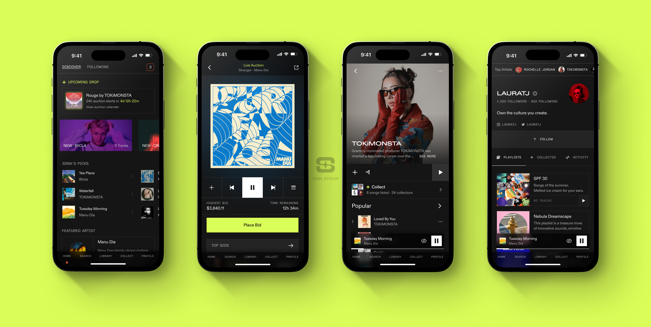Sonu app displayed on four smartphones