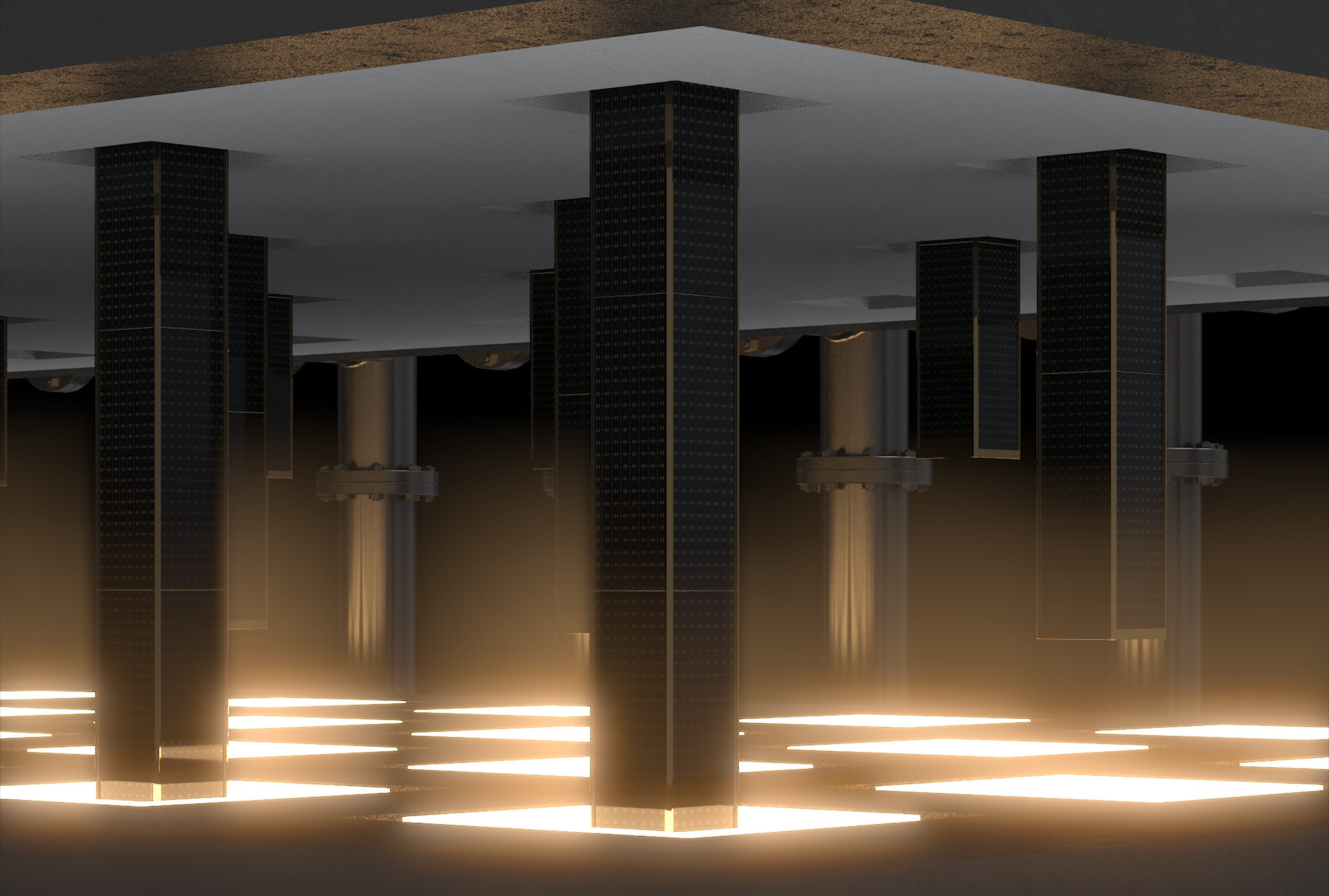 Fourth Power's thermophotovoltaic panels hover above heat transfer stacks.