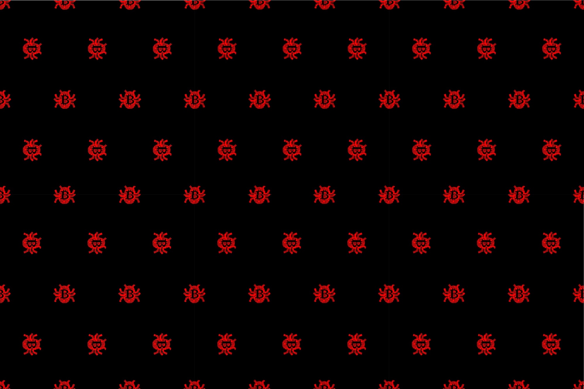 bug-shaped images in red featuring bitcoin logos on a black background
